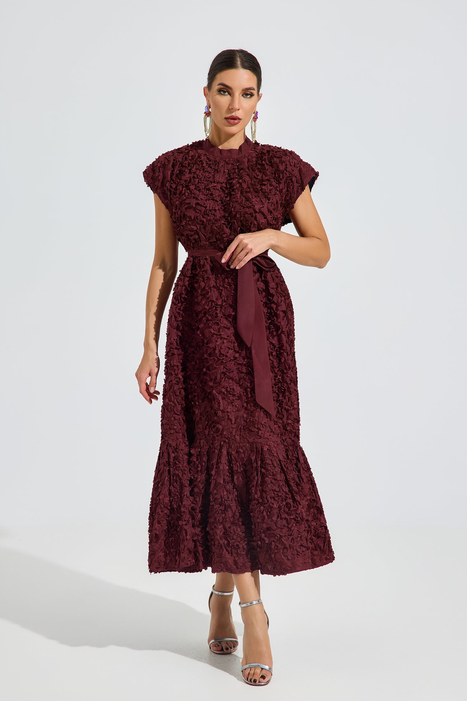 Elivelle Red Textured Bloom Midi Dress