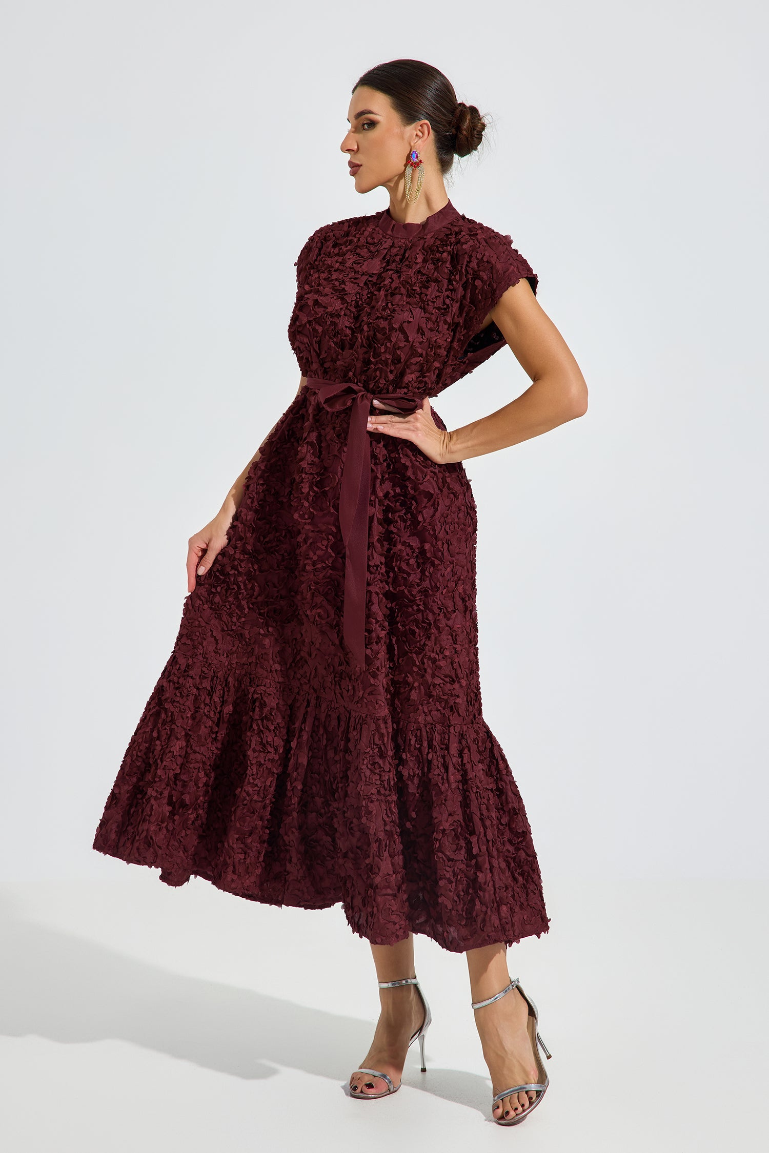 Elivelle Red Textured Bloom Midi Dress
