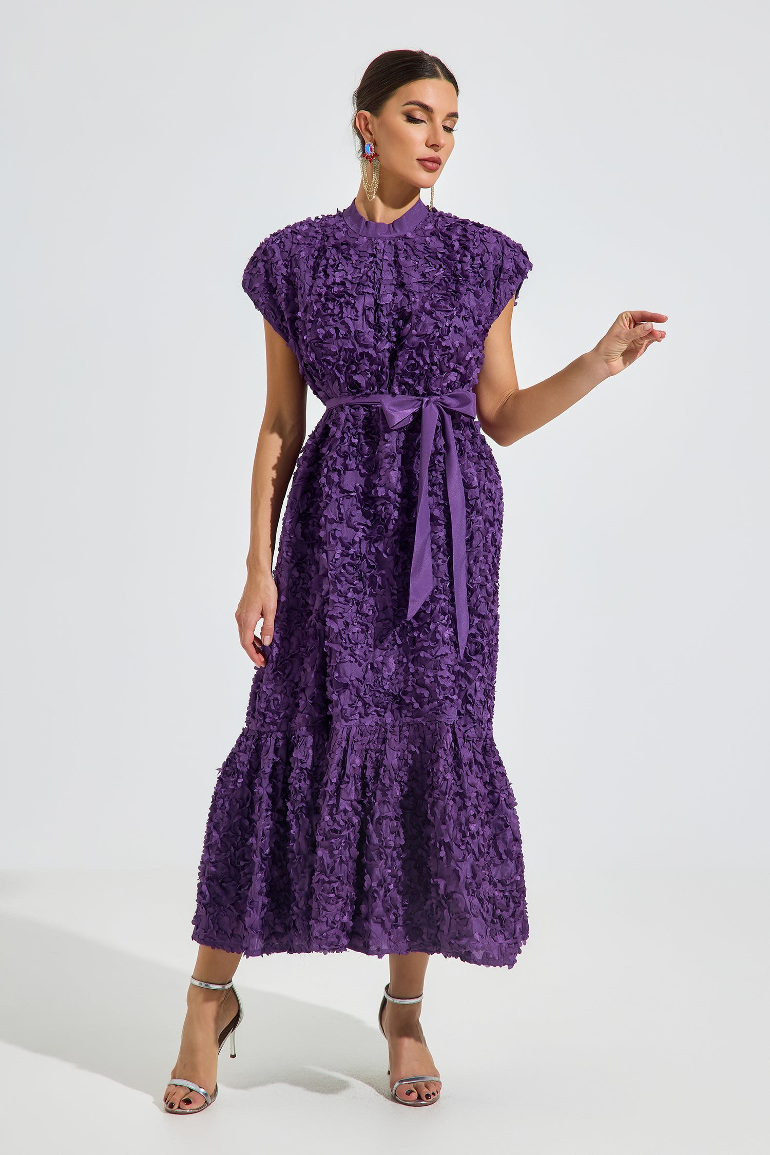 Elivelle Purple Textured Bloom Midi Dress