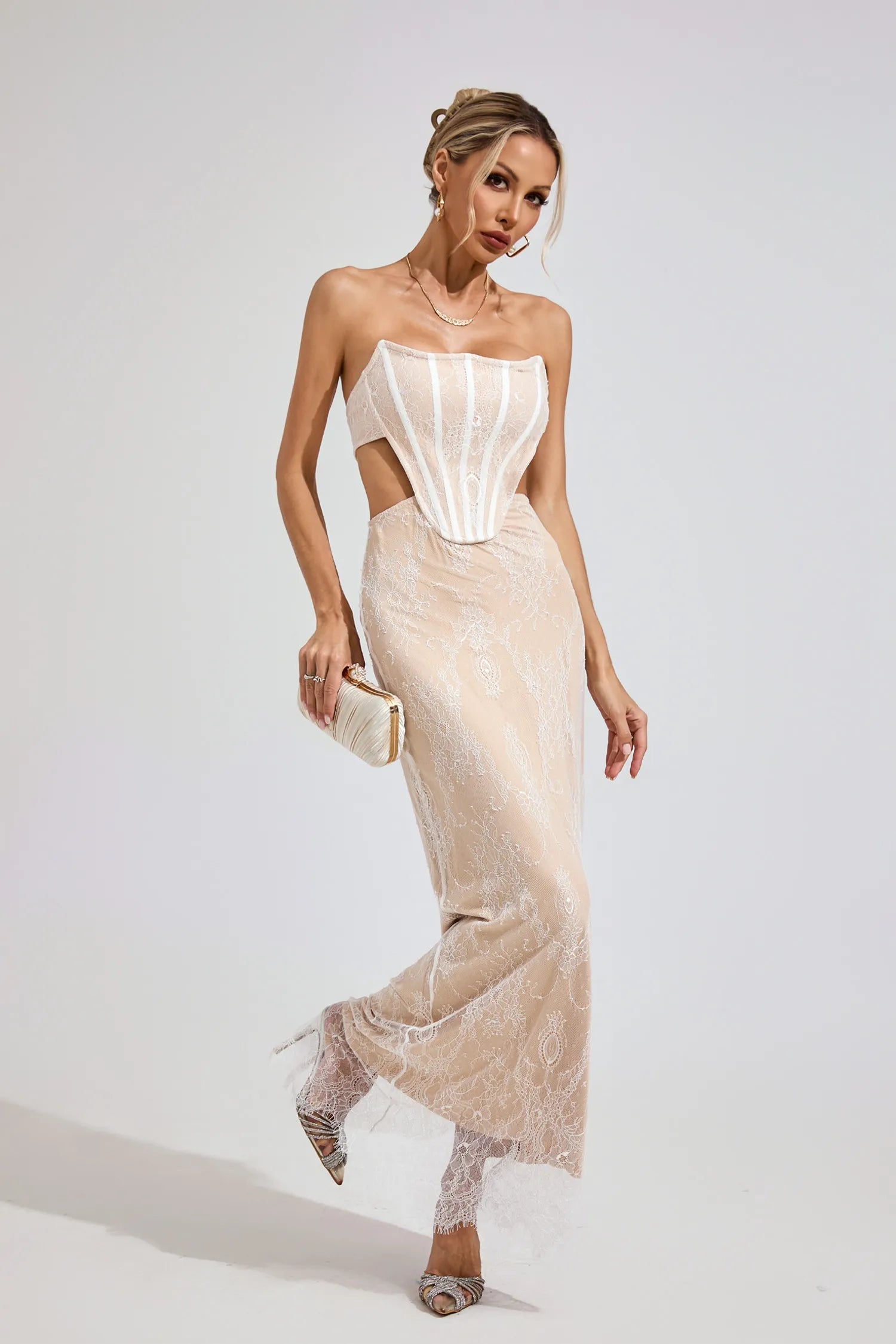 Ayodele Beige Lace Off-Shoulder Maxi Dress