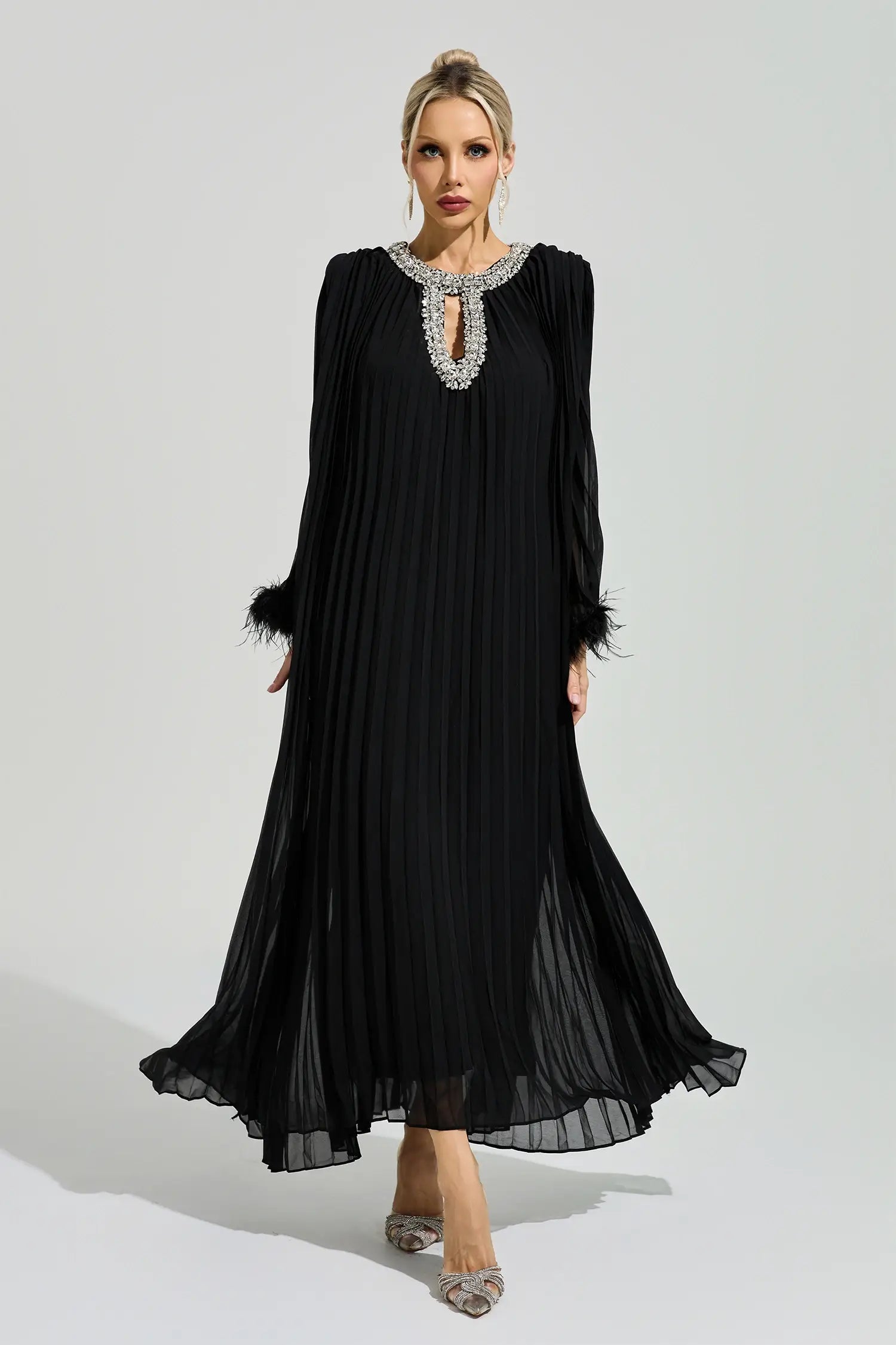 Corwin Black Pleated Feather-Trim Maxi Dress