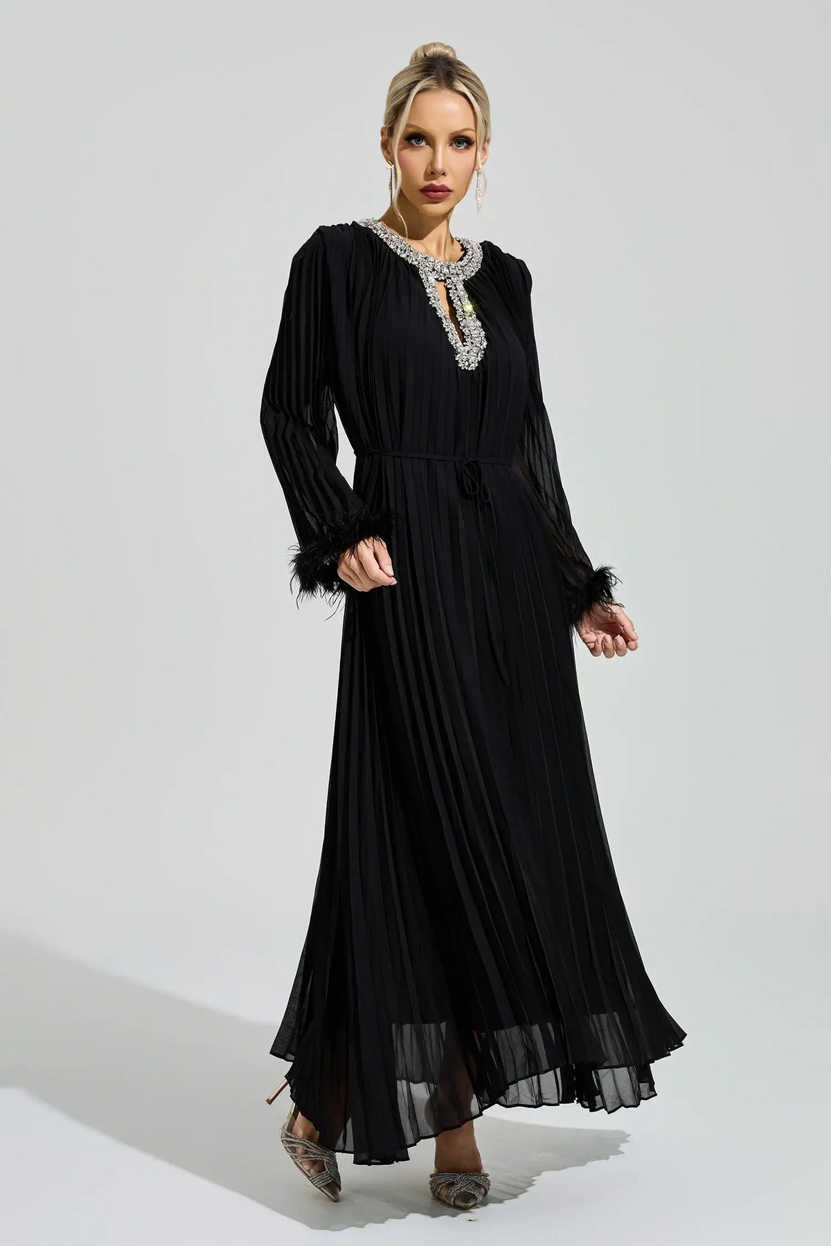 Corwin Black Pleated Feather-Trim Maxi Dress