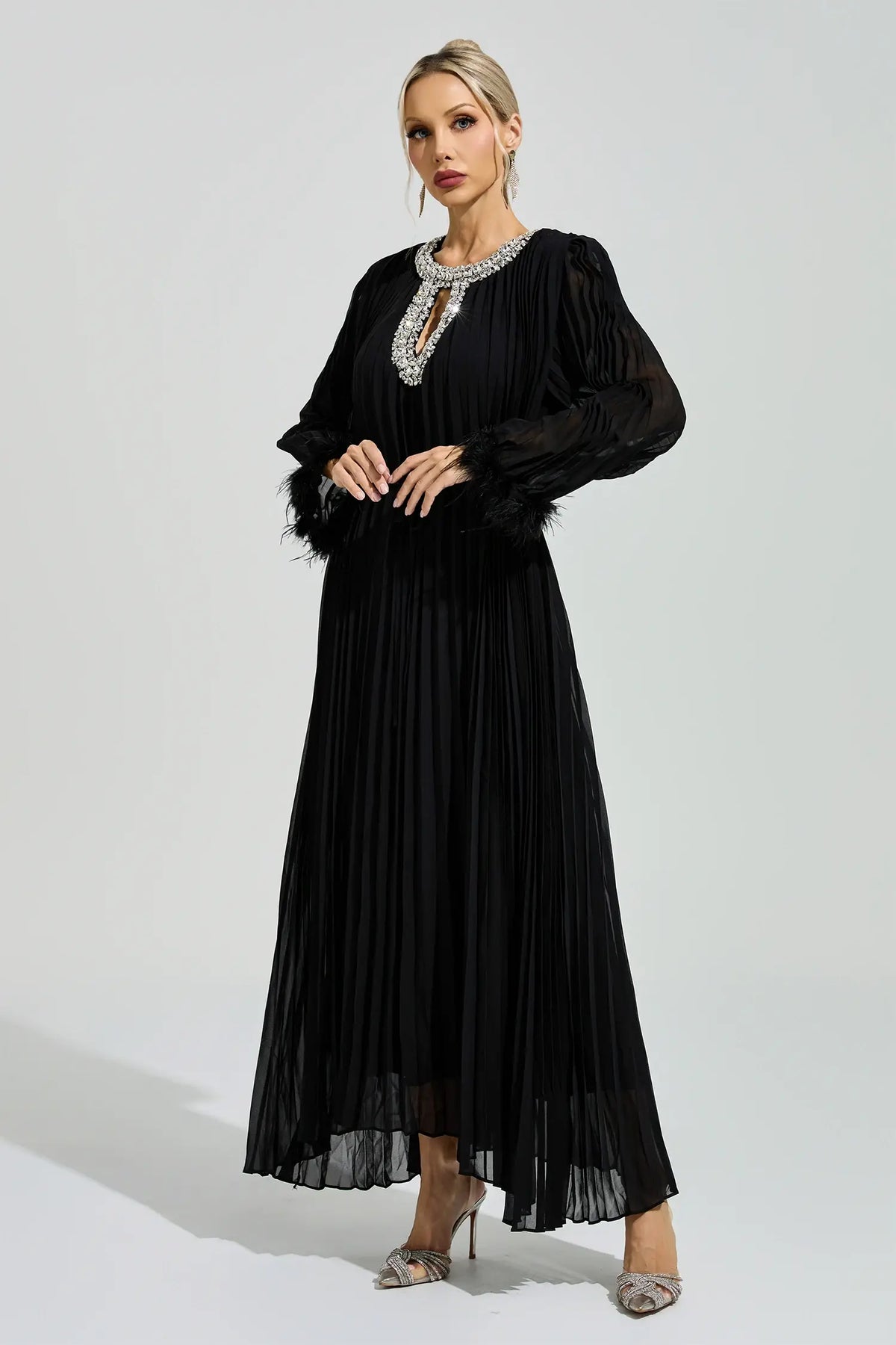 Corwin Black Pleated Feather-Trim Maxi Dress
