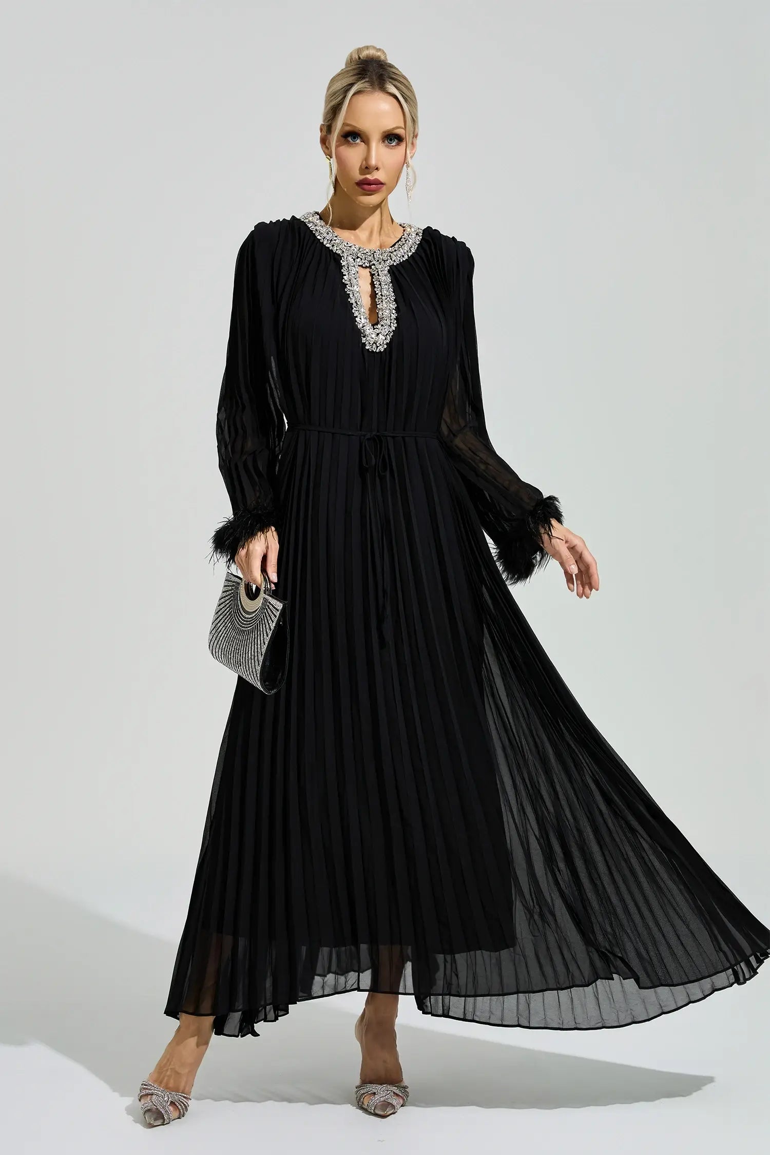Corwin Black Pleated Feather-Trim Maxi Dress