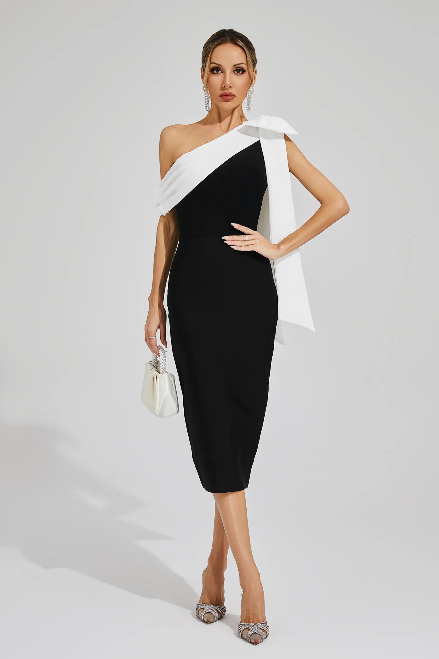 Selma Black Bow One Shoulder Bandage Midi Dress