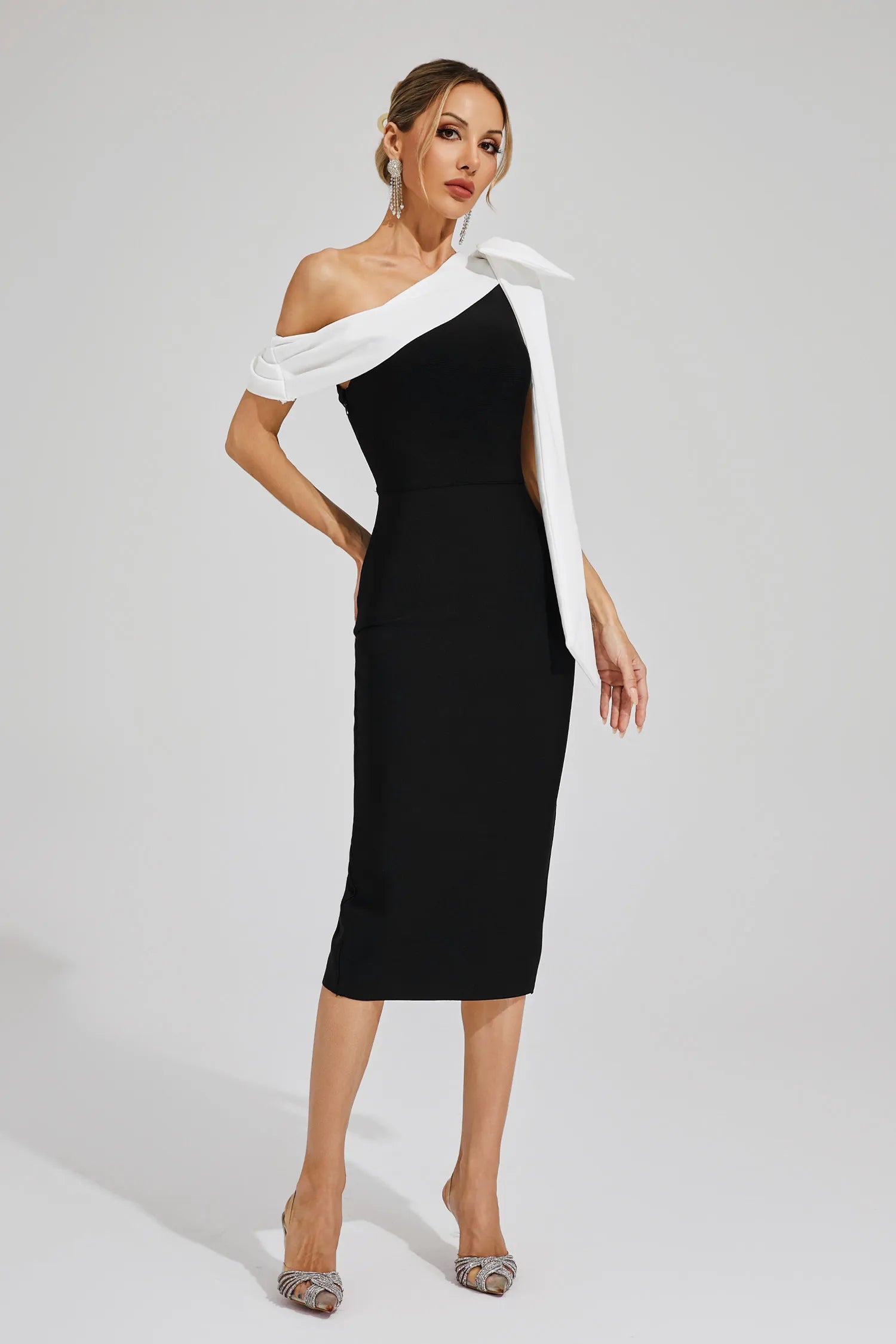 Selma Black Bow One Shoulder Bandage Midi Dress