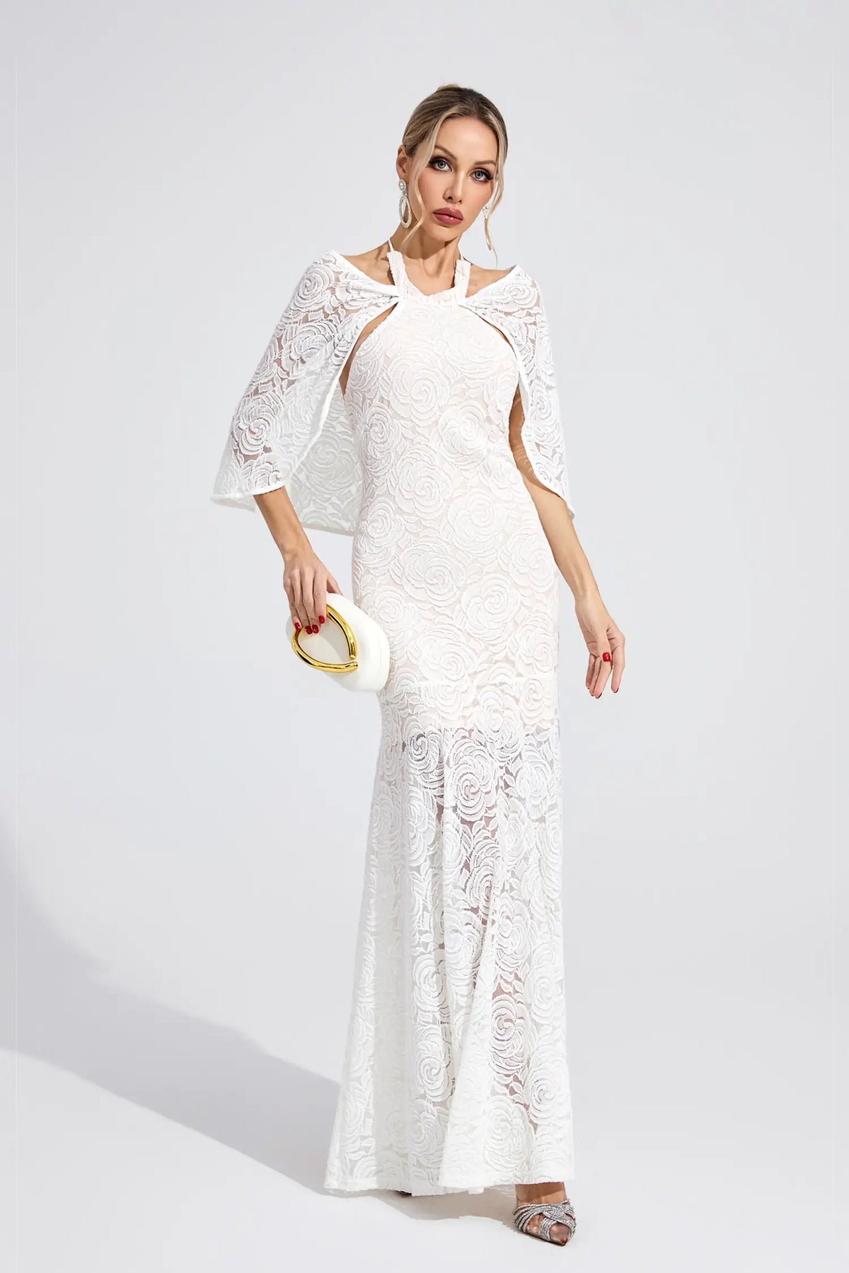 Daphne White Cape Maxi Dress