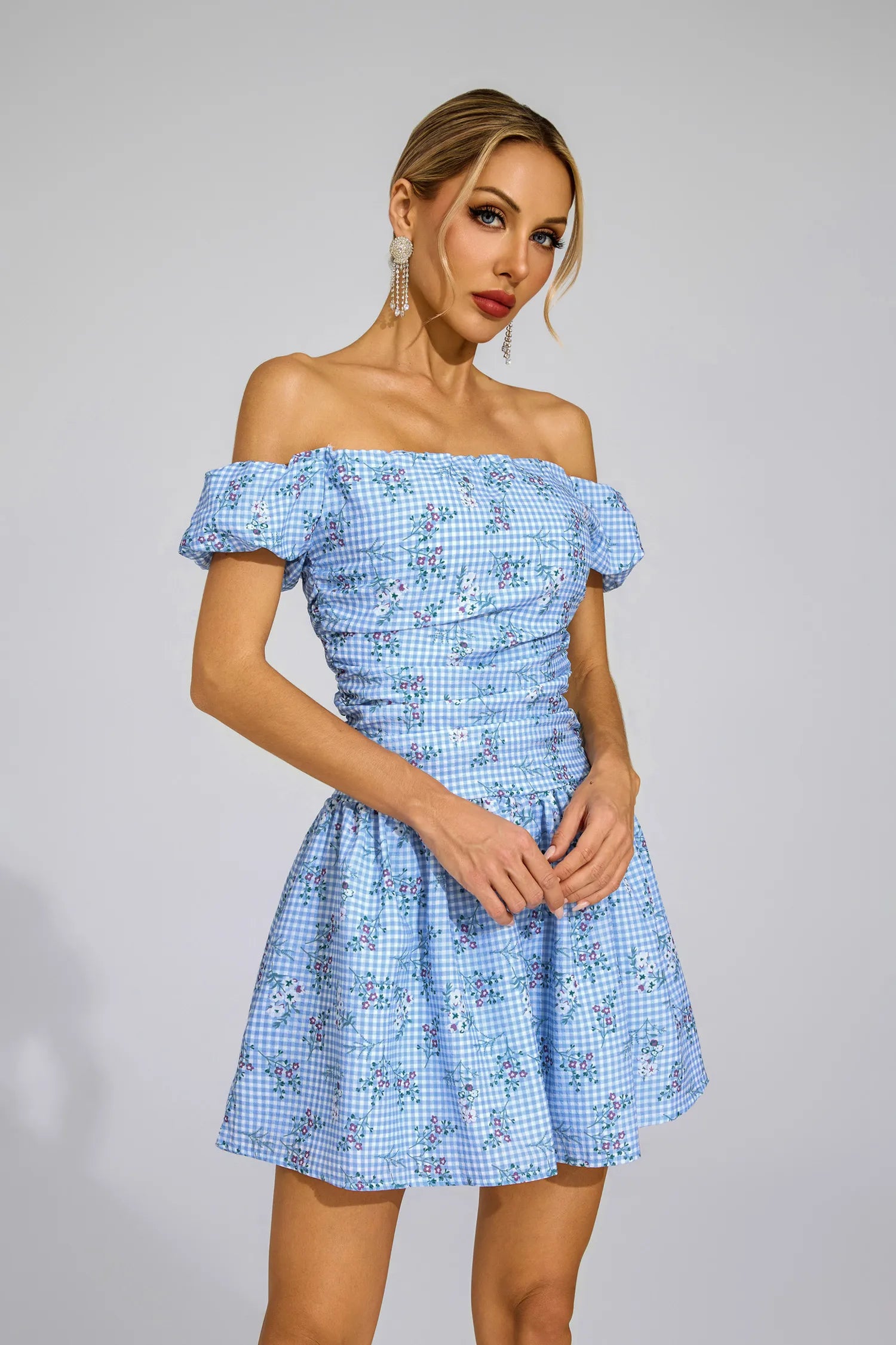 Fabiola Blue Floral Off Shoulder Mini Dress