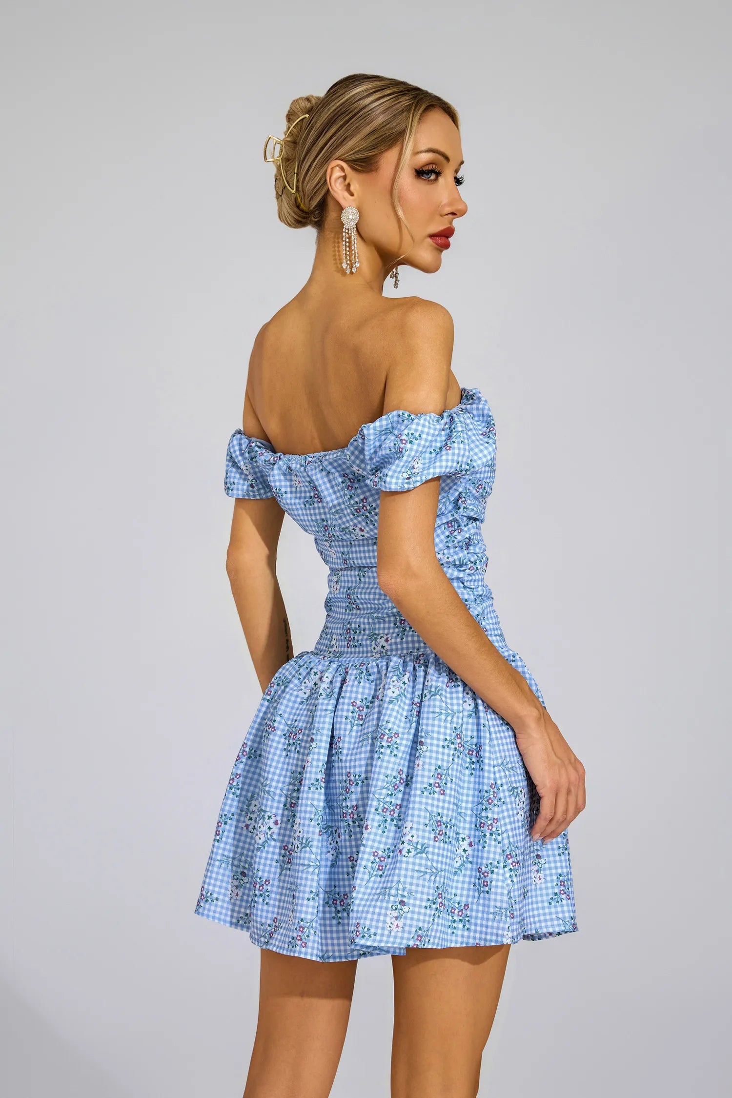 Fabiola Blue Floral Off Shoulder Mini Dress