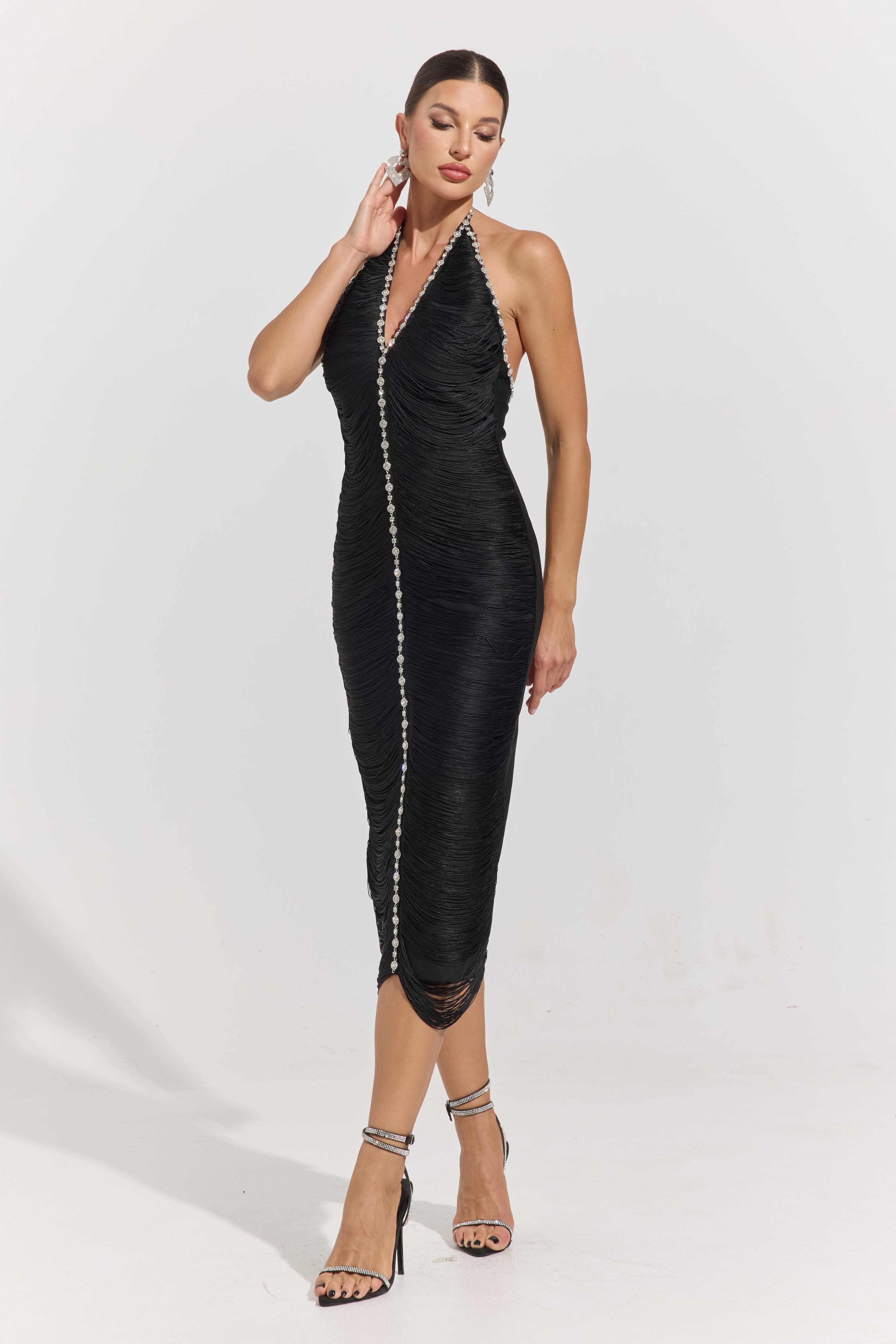 Robe midi Daria Luxe froncée à encolure américaine