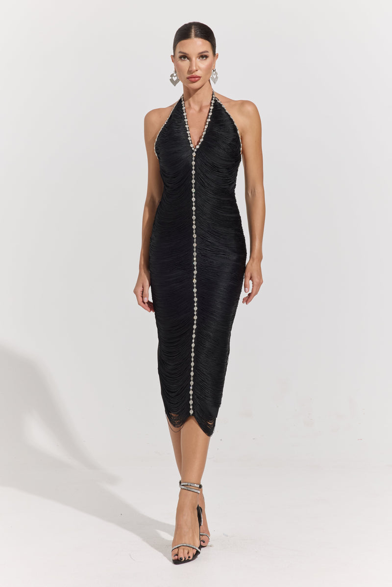 Daria Luxe Ruched Halter Midi Dress