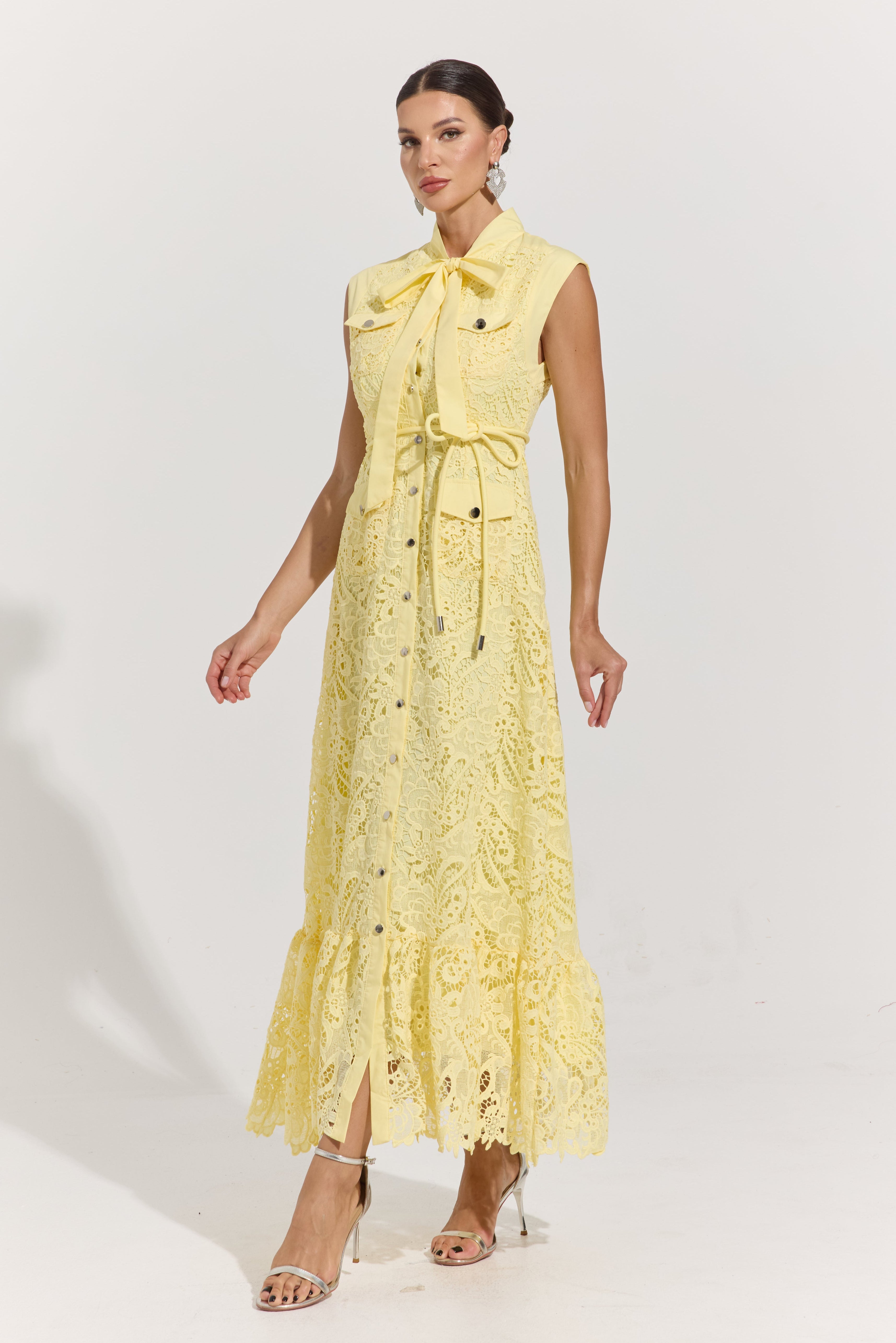 Helissa Lemon Lace Tie-Neck Maxi Dress