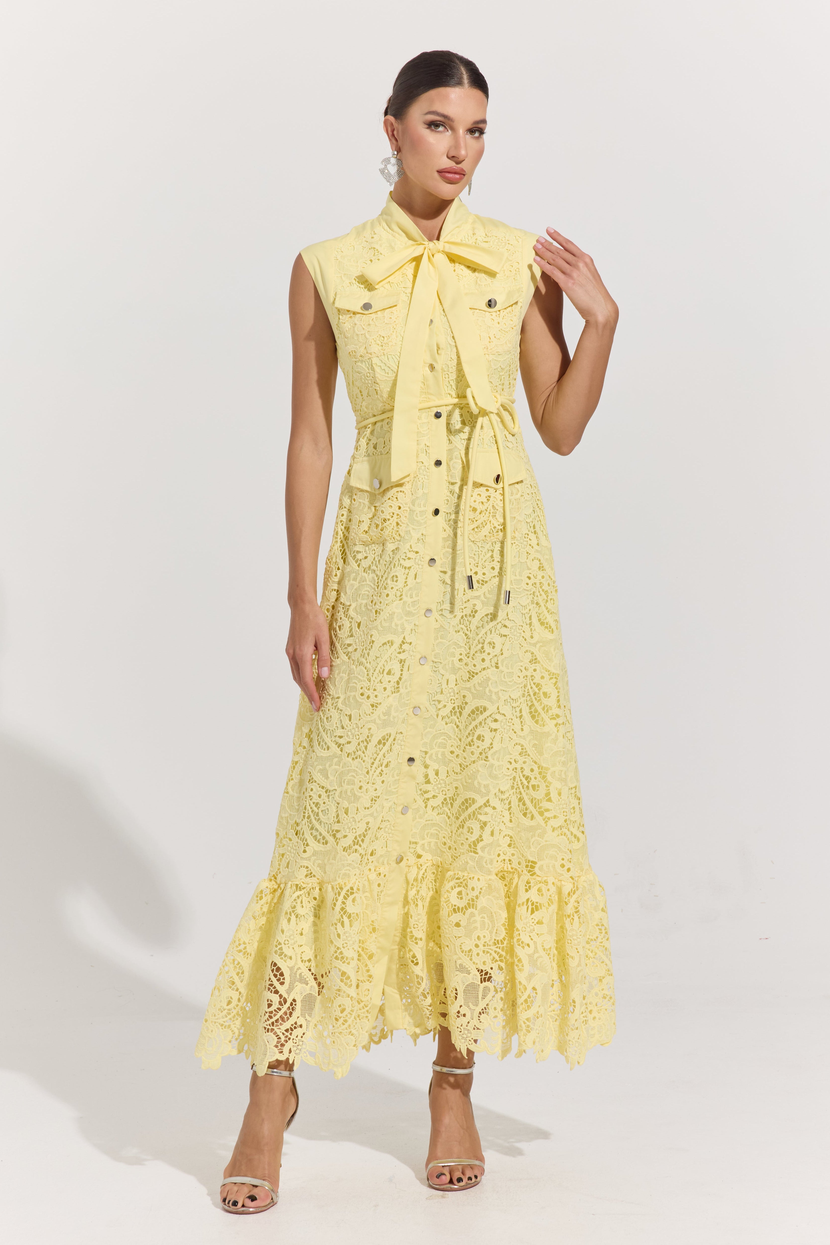 Helissa Lemon Lace Tie-Neck Maxi Dress