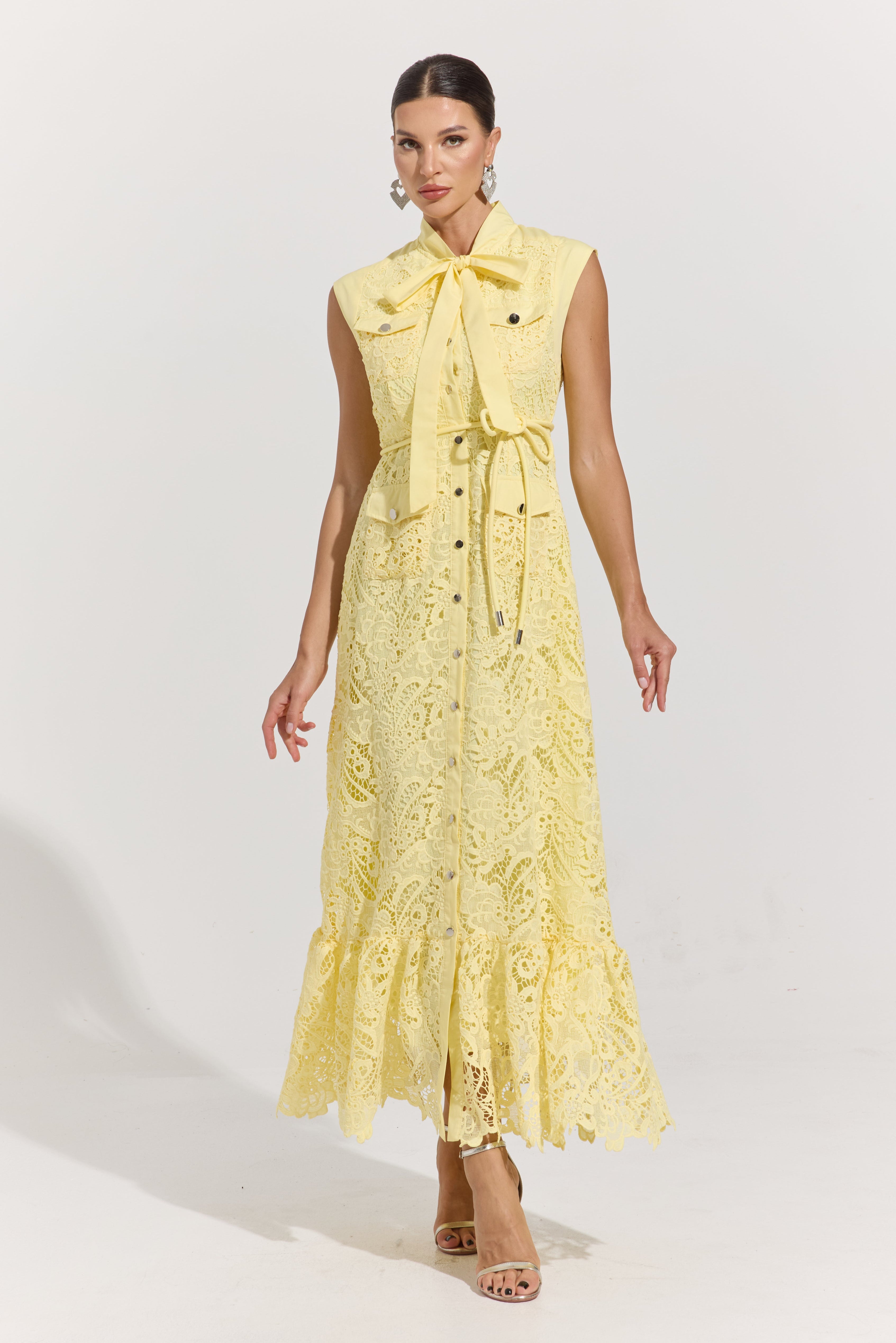Helissa Lemon Lace Tie-Neck Maxi Dress