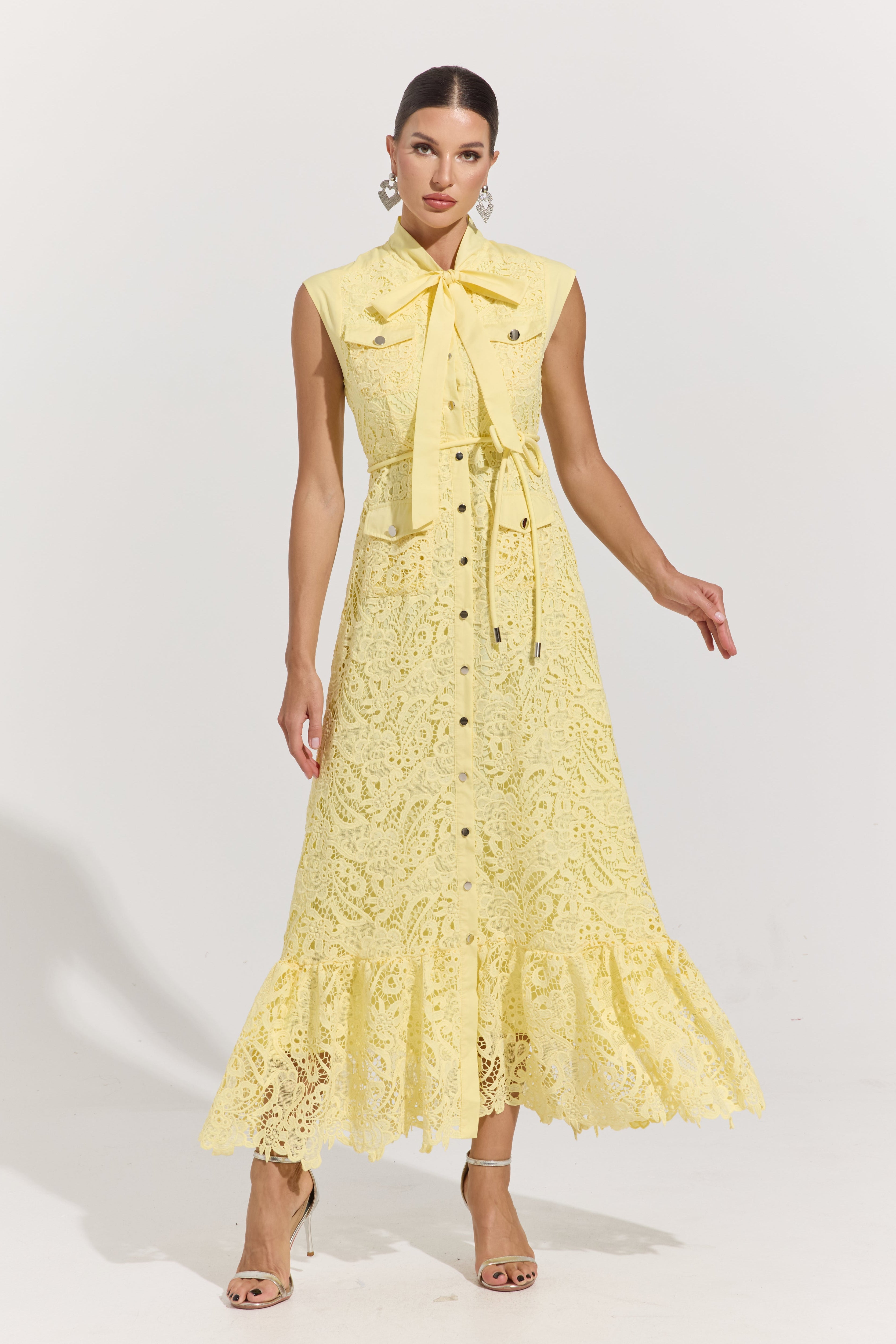 Helissa Lemon Lace Tie-Neck Maxi Dress