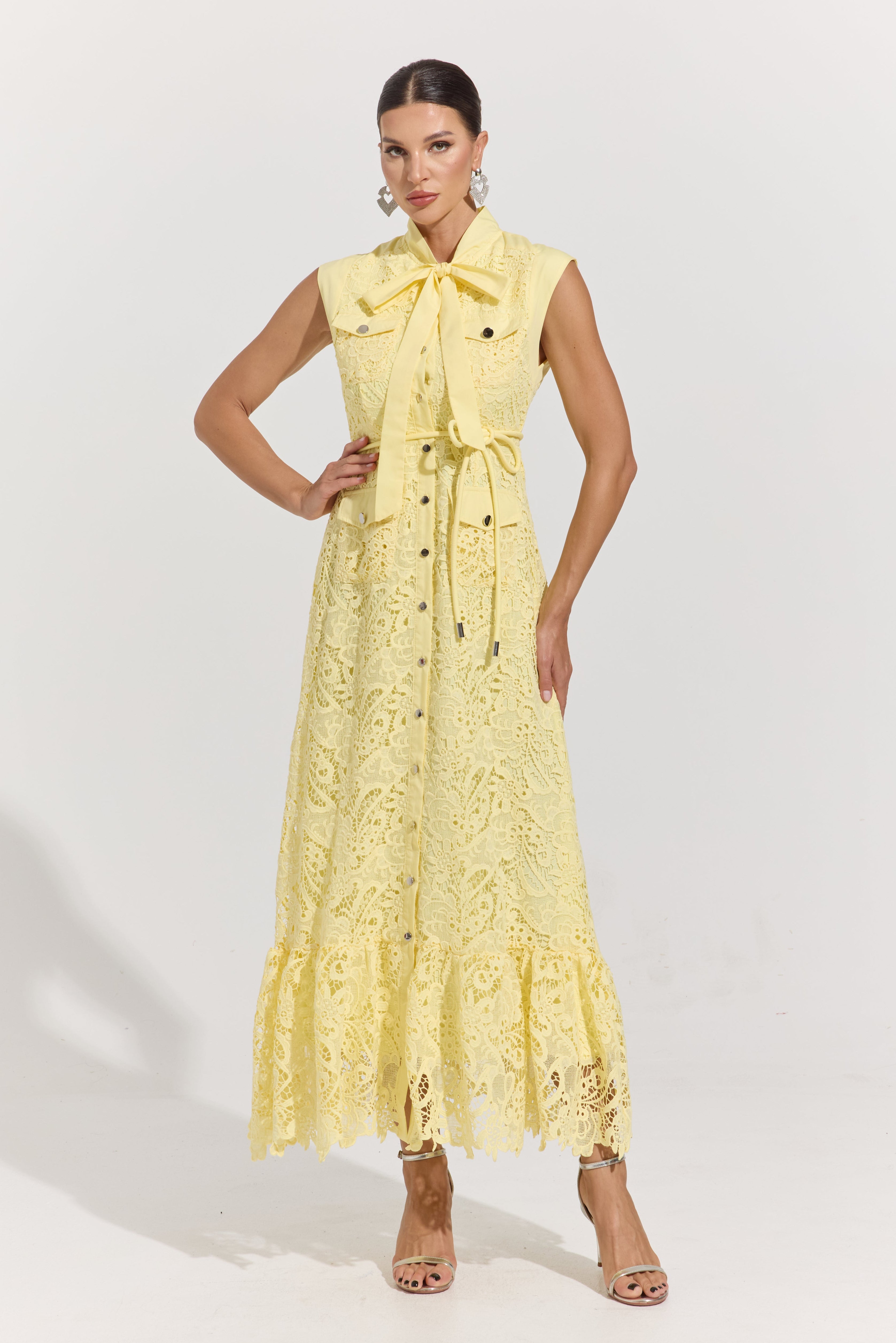 Helissa Lemon Lace Tie-Neck Maxi Dress