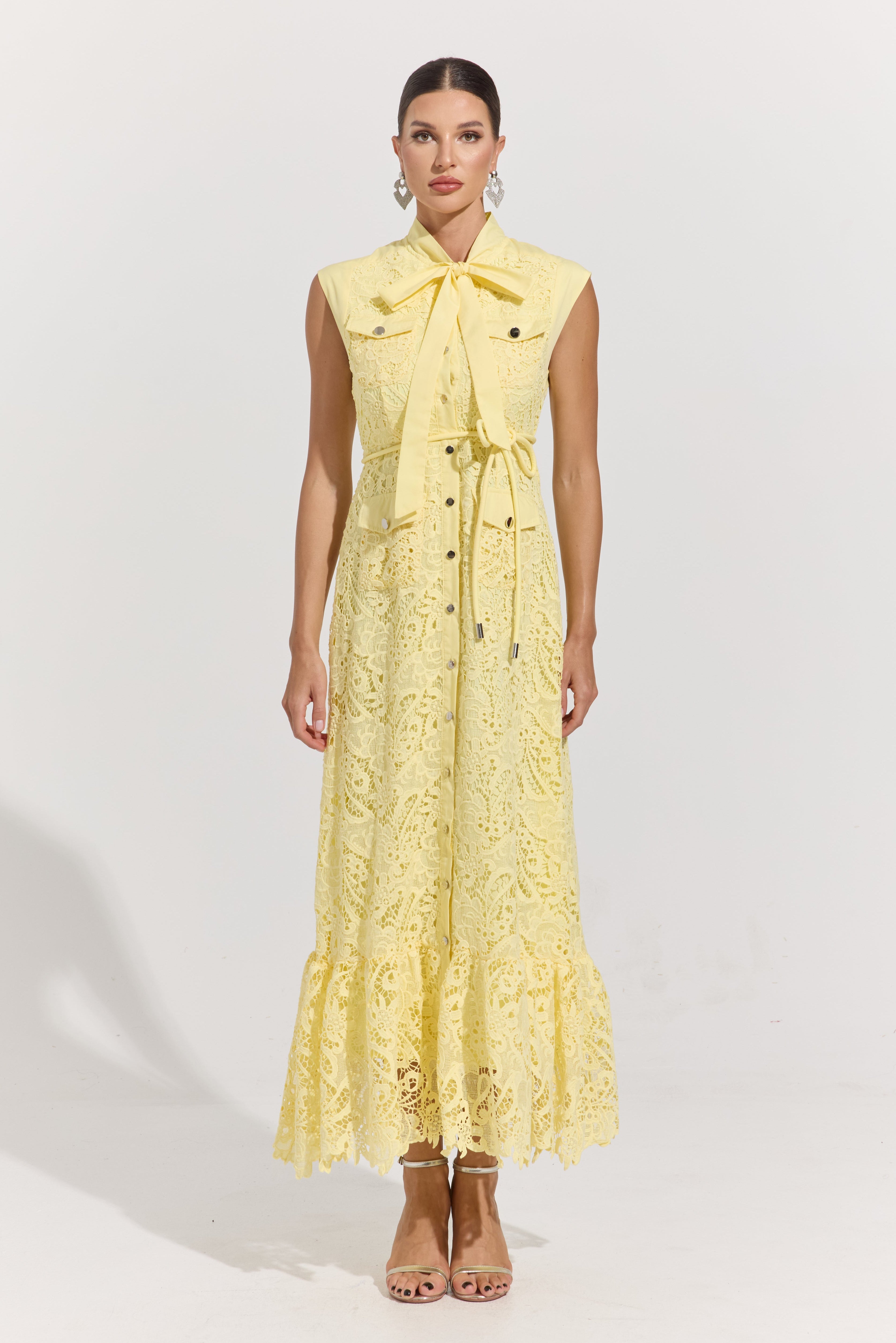 Helissa Lemon Lace Tie-Neck Maxi Dress