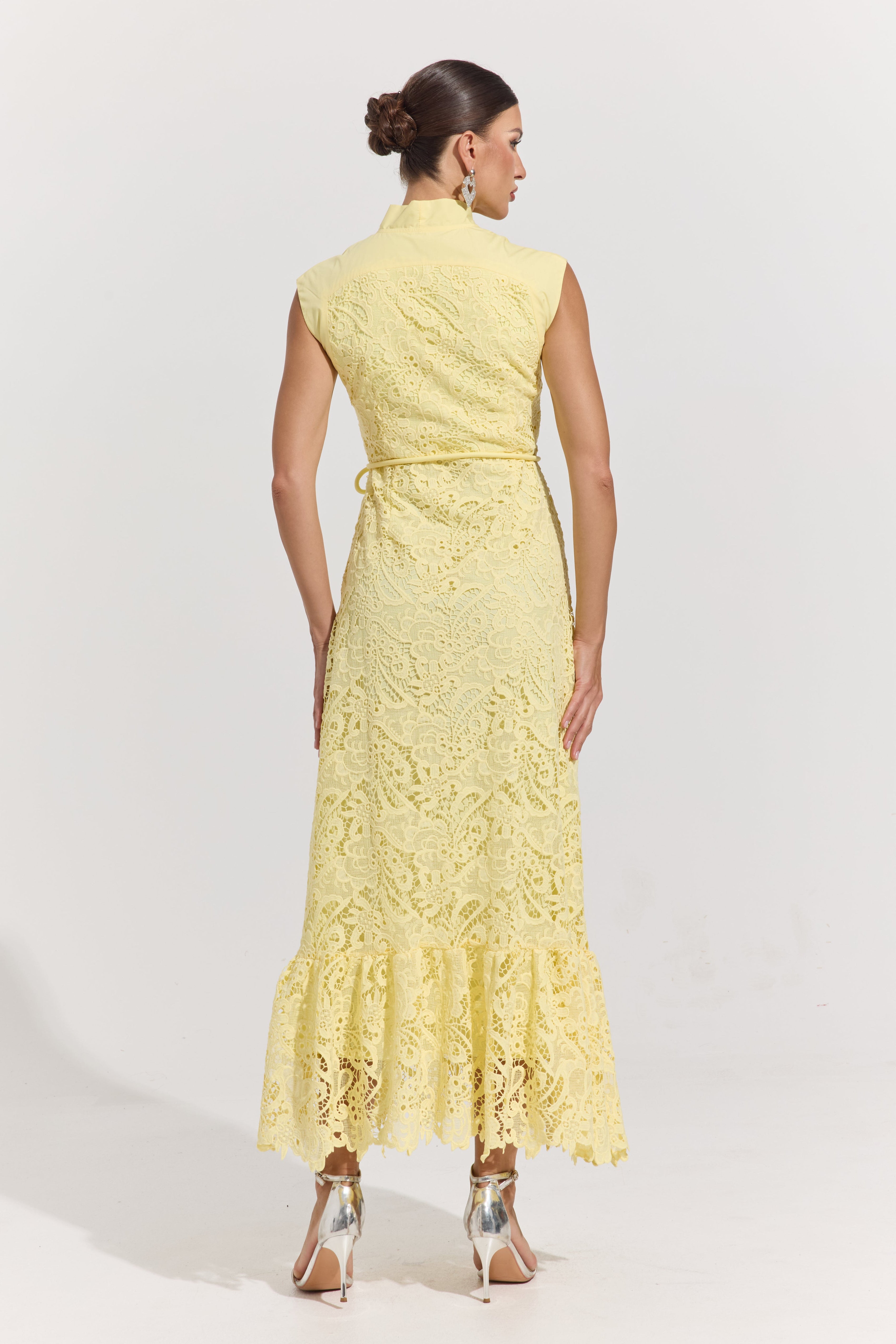 Helissa Lemon Lace Tie-Neck Maxi Dress