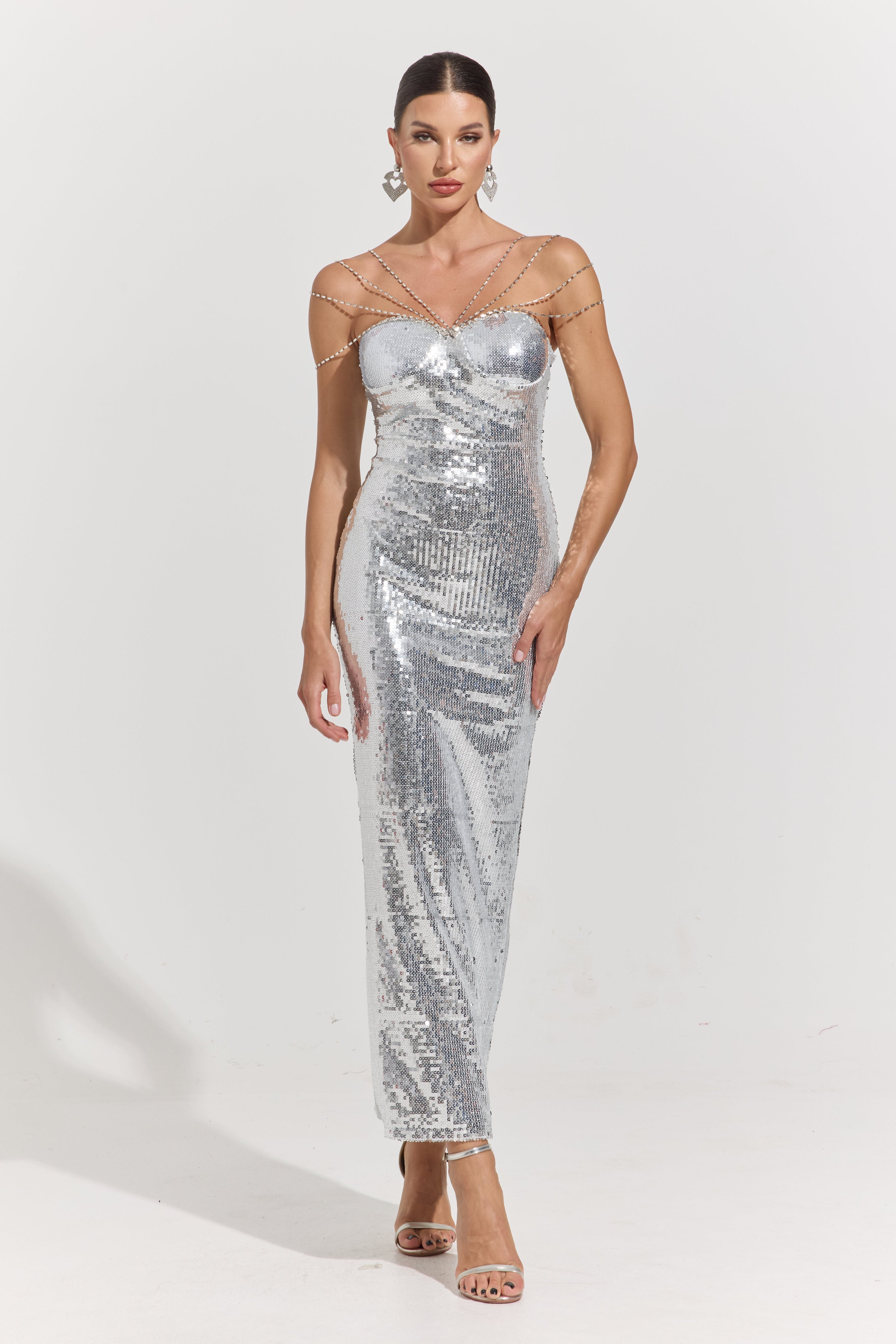 Clarimond Silver Chain-Detail Sequin Maxi Dress