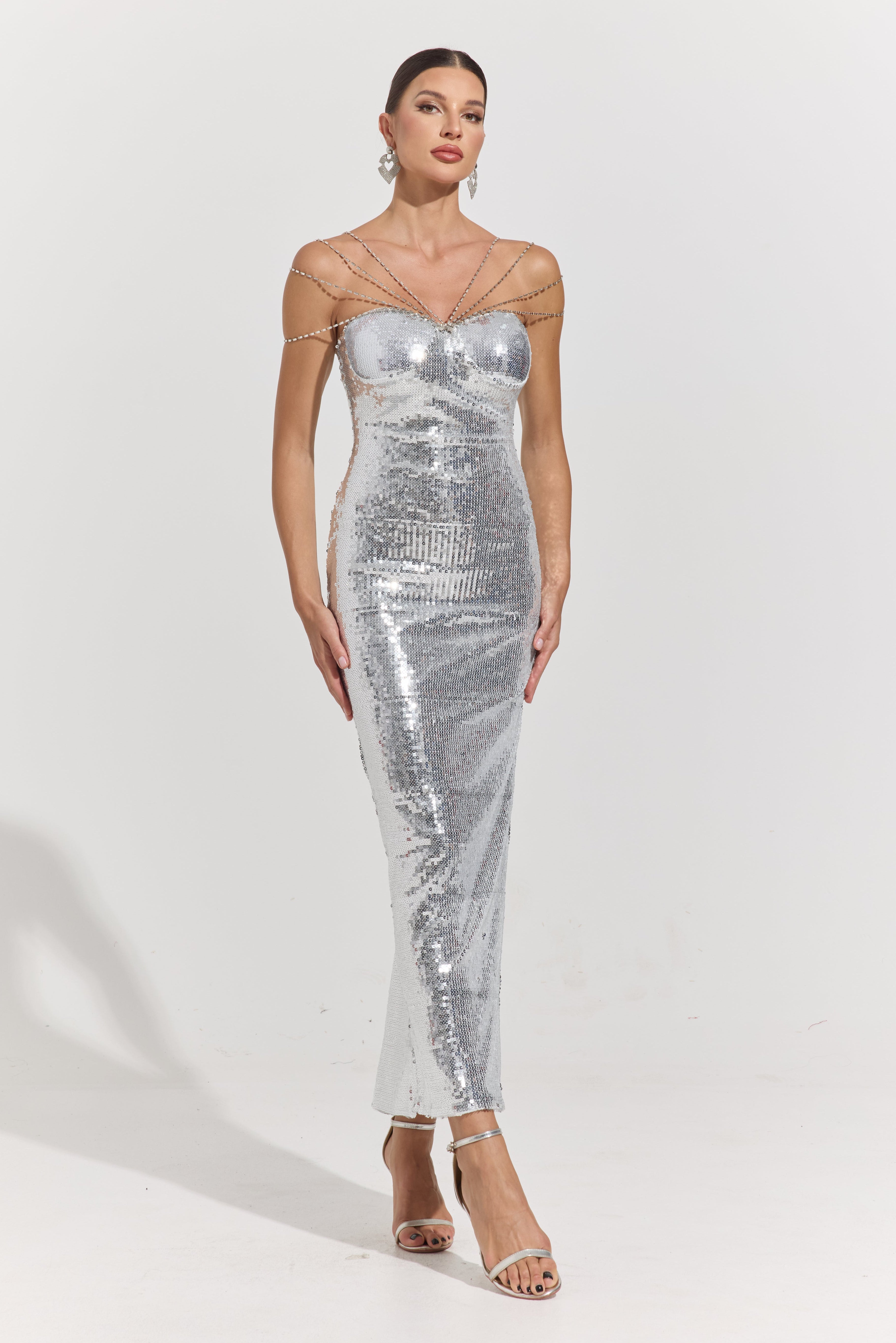 Clarimond Silver Chain-Detail Sequin Maxi Dress