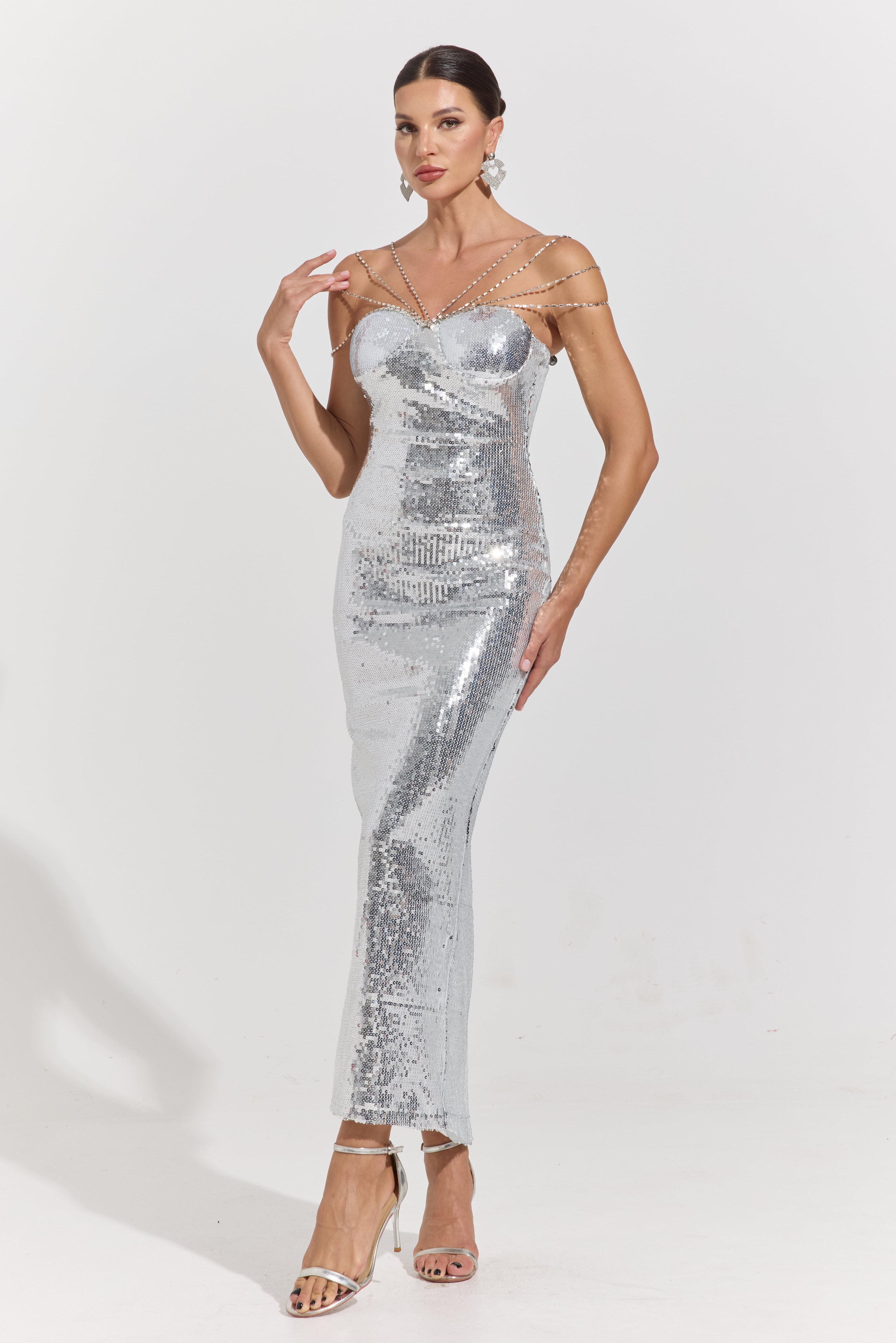 Clarimond Silver Chain-Detail Sequin Maxi Dress