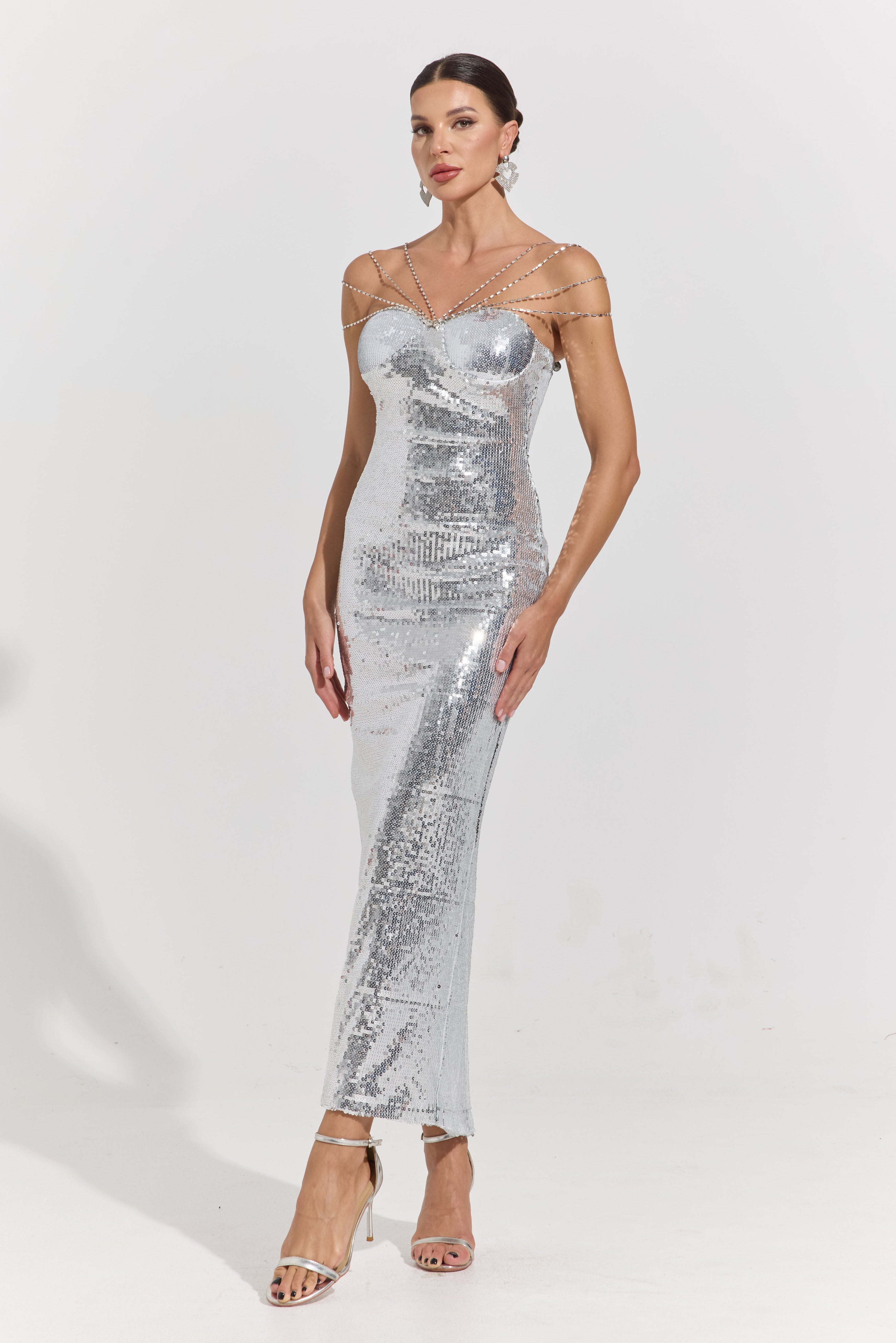 Clarimond Silver Chain-Detail Sequin Maxi Dress