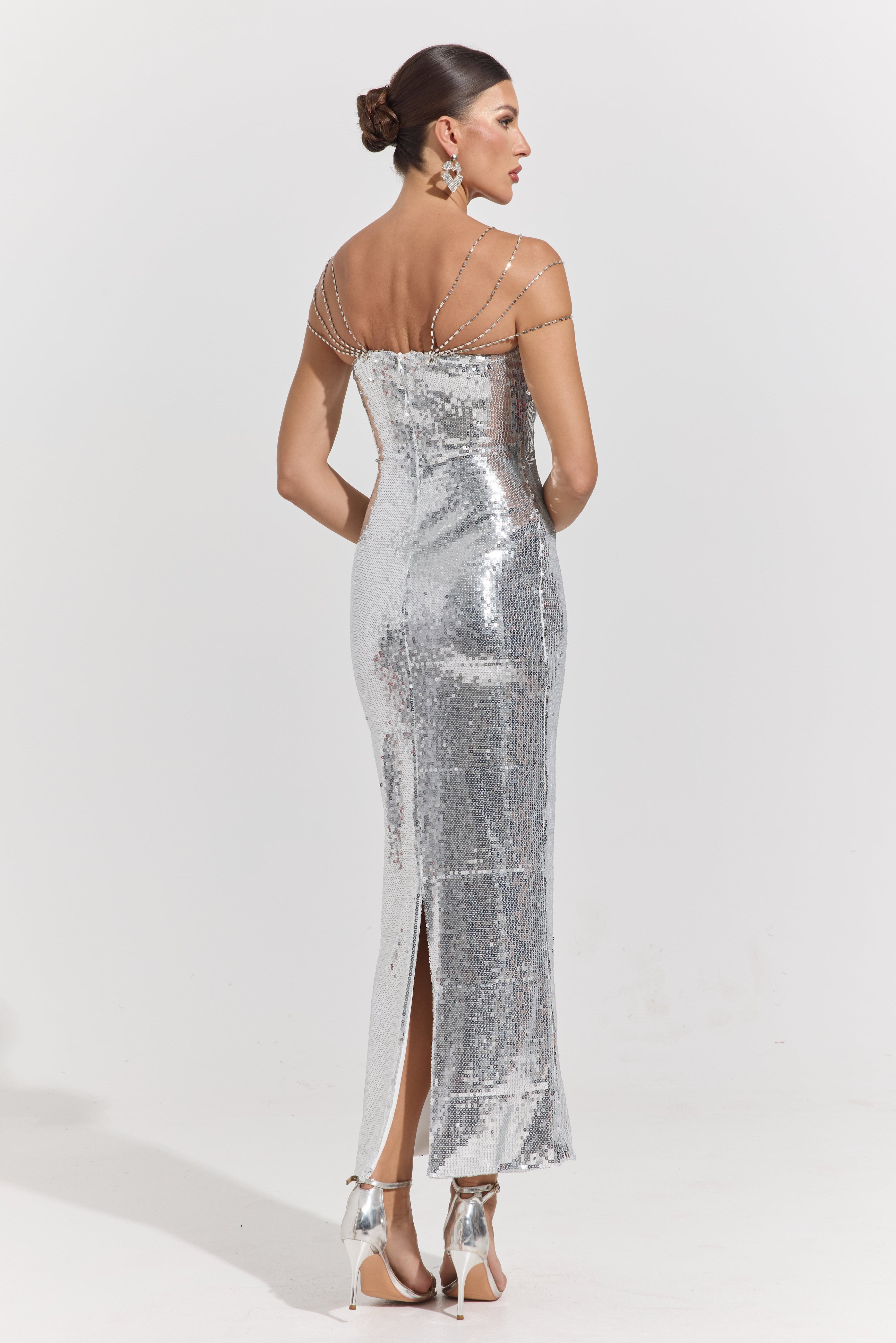 Clarimond Silver Chain-Detail Sequin Maxi Dress