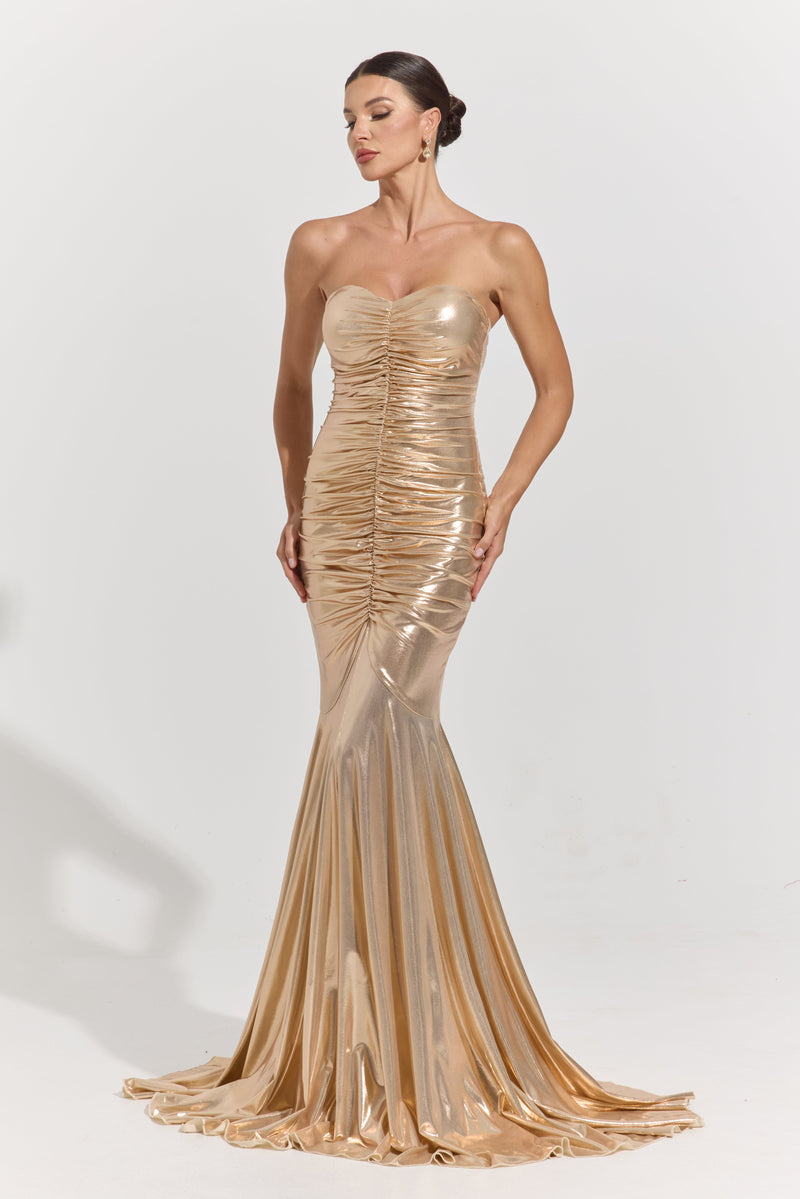 Euphora Gold Ruched Mermaid Maxi Dress