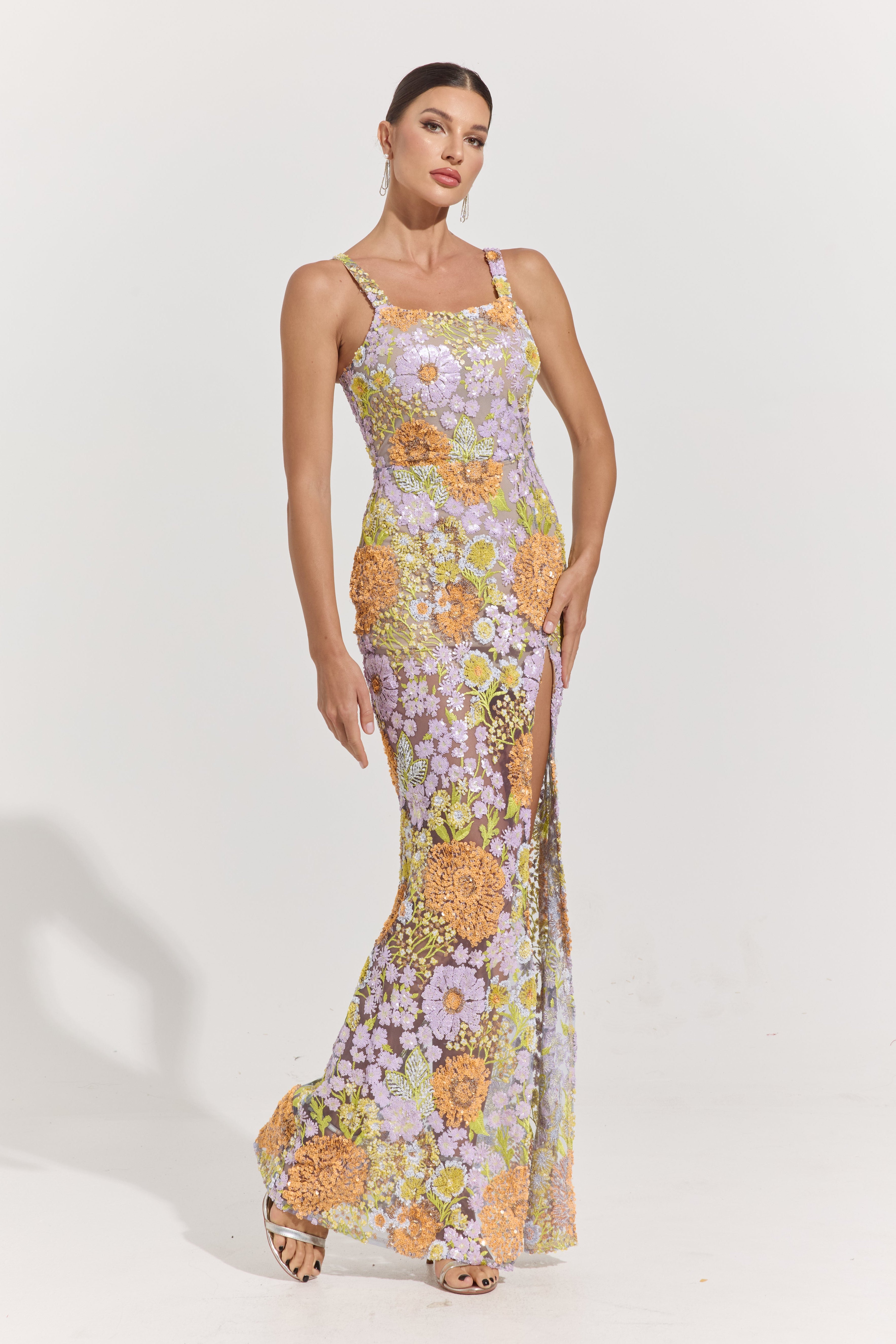 Blaire Sunset Garden Embroidered Slit Maxi Dress