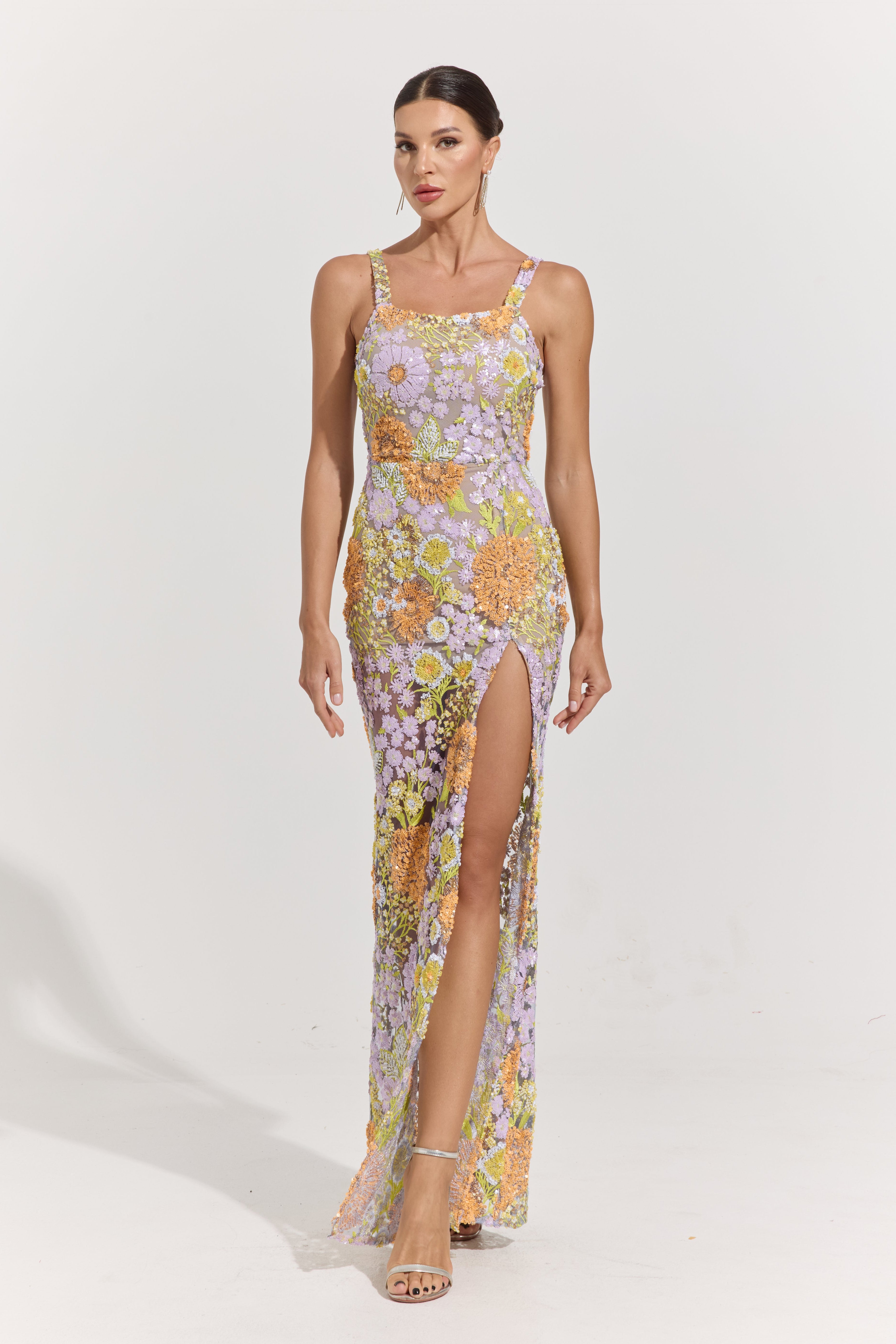 Blaire Sunset Garden Embroidered Slit Maxi Dress