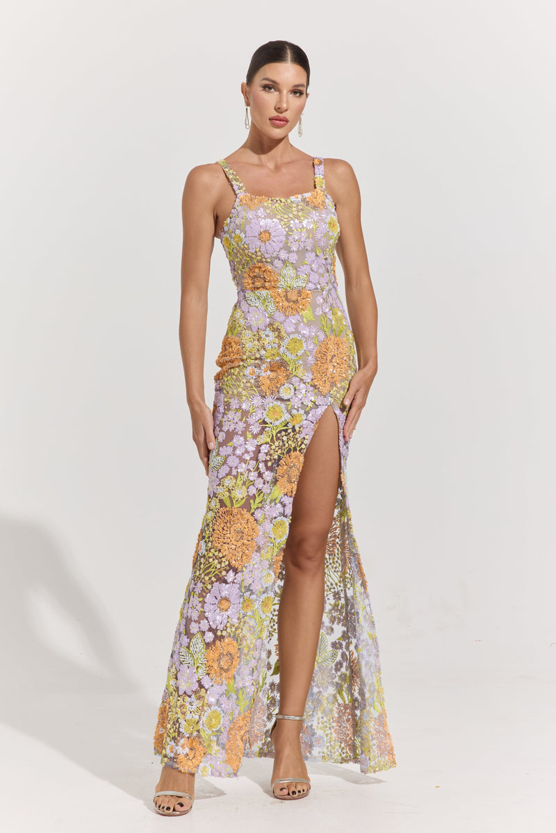 Blaire Sunset Garden Embroidered Slit Maxi Dress