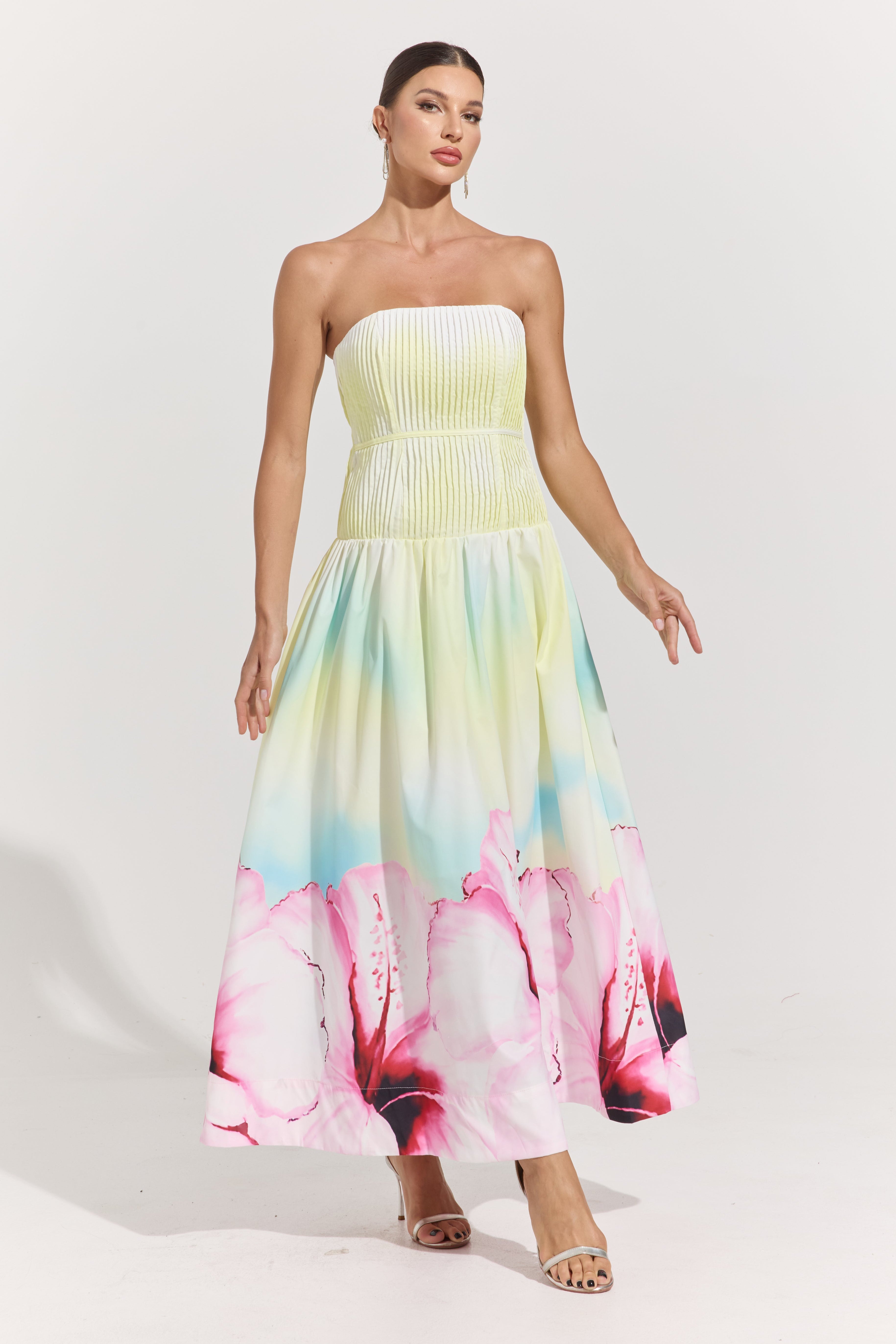 Carly Bloom Strapless Pleated Maxi Dress