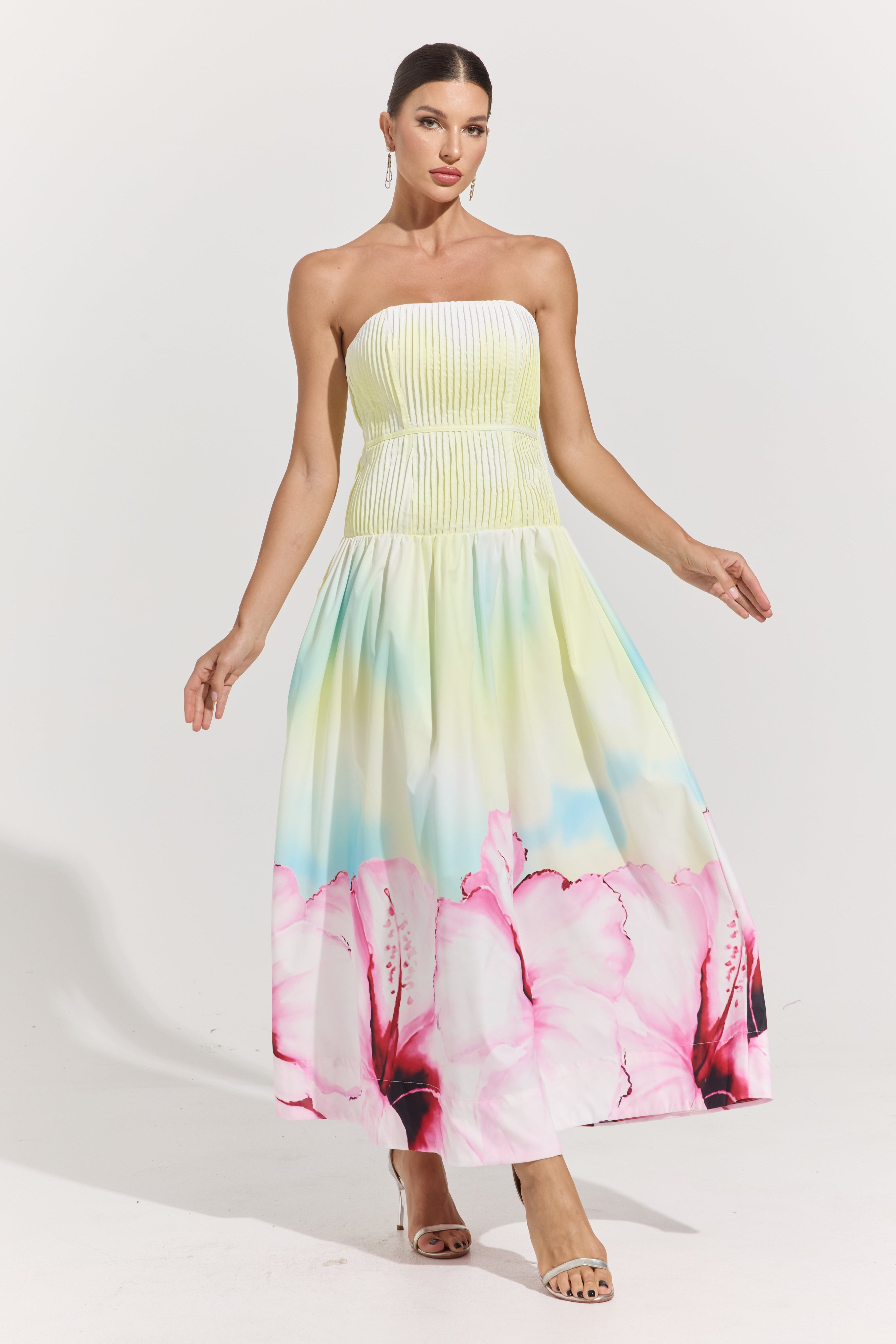 Carly Bloom Strapless Pleated Maxi Dress