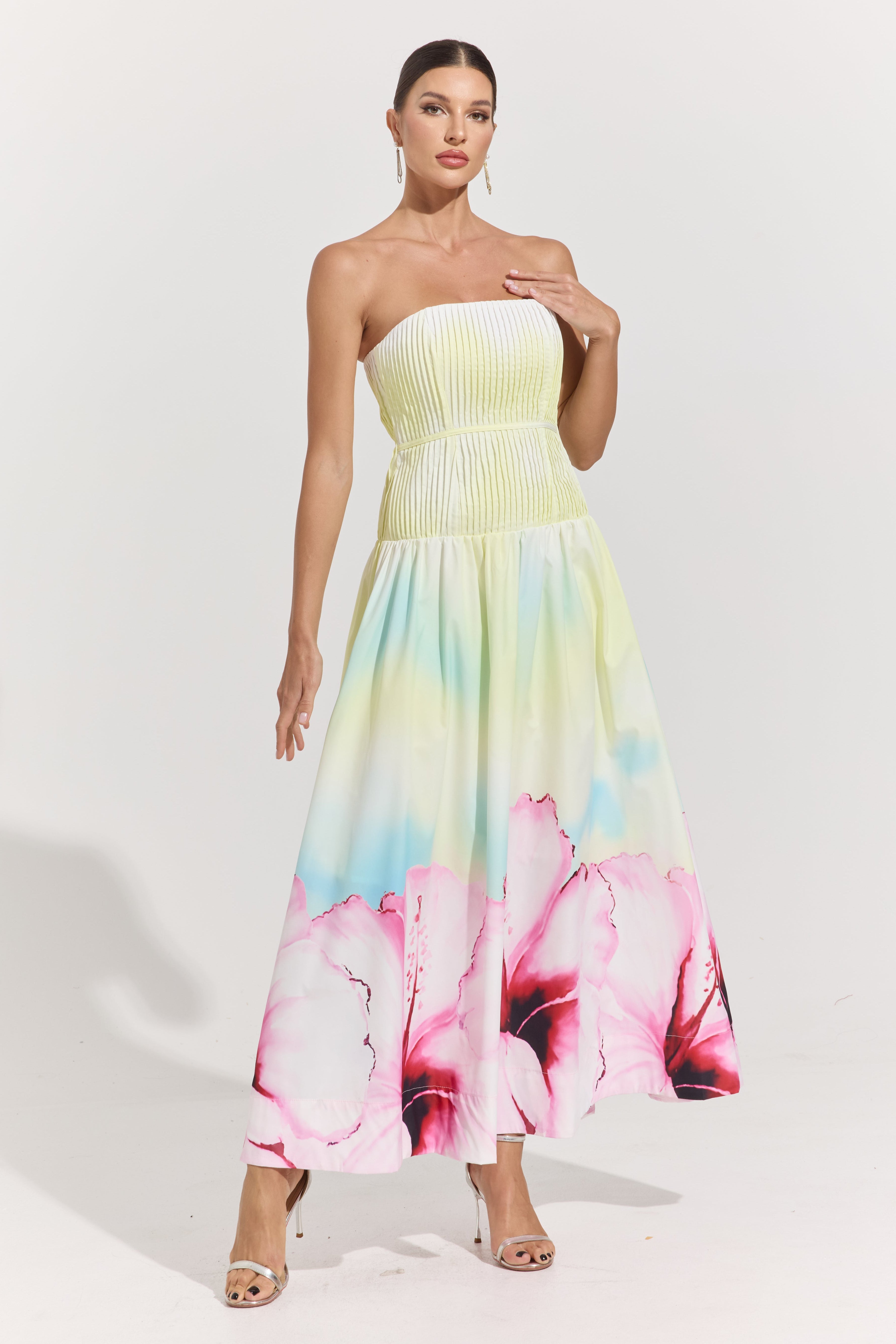 Carly Bloom Strapless Pleated Maxi Dress