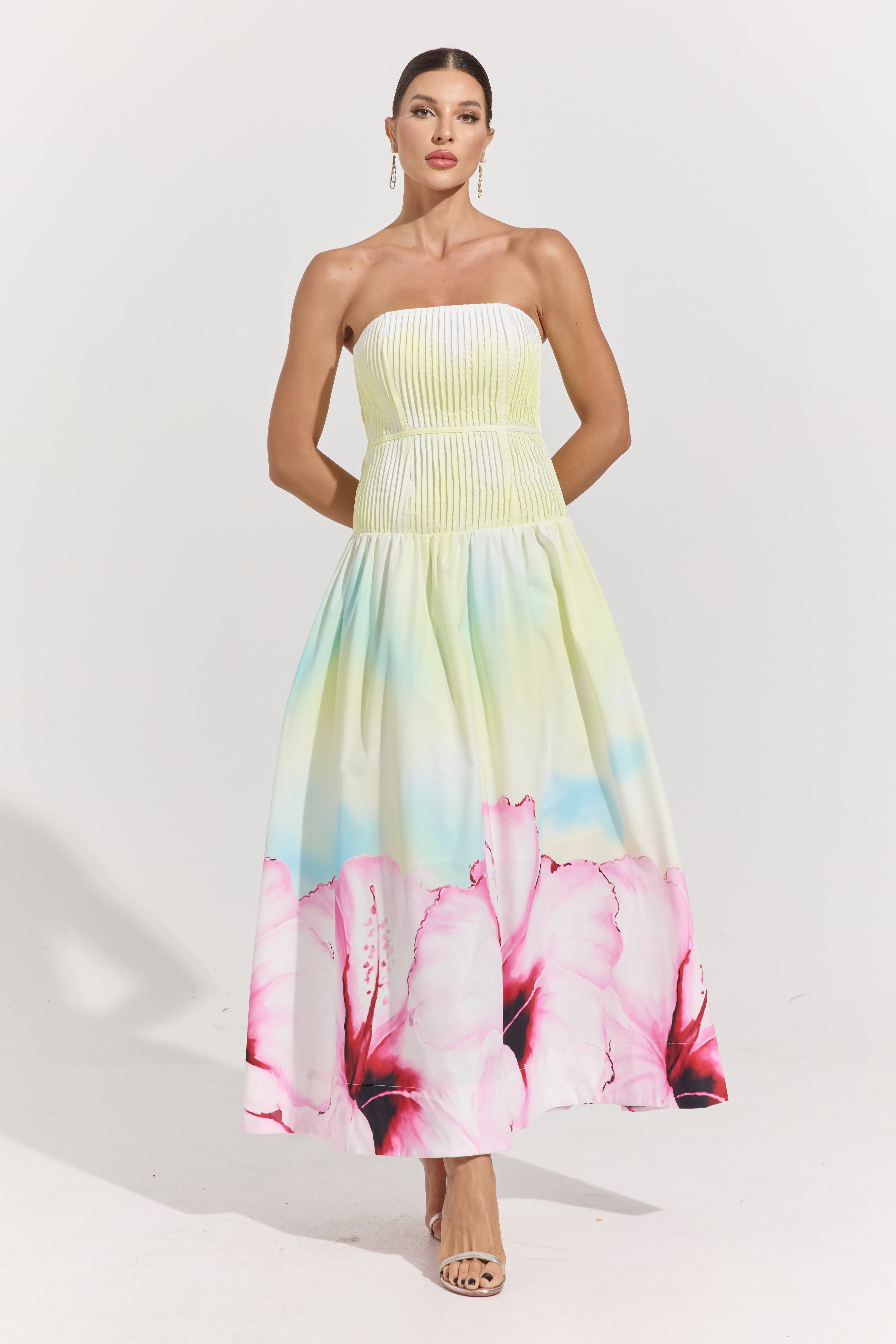 Carly Bloom Strapless Pleated Maxi Dress