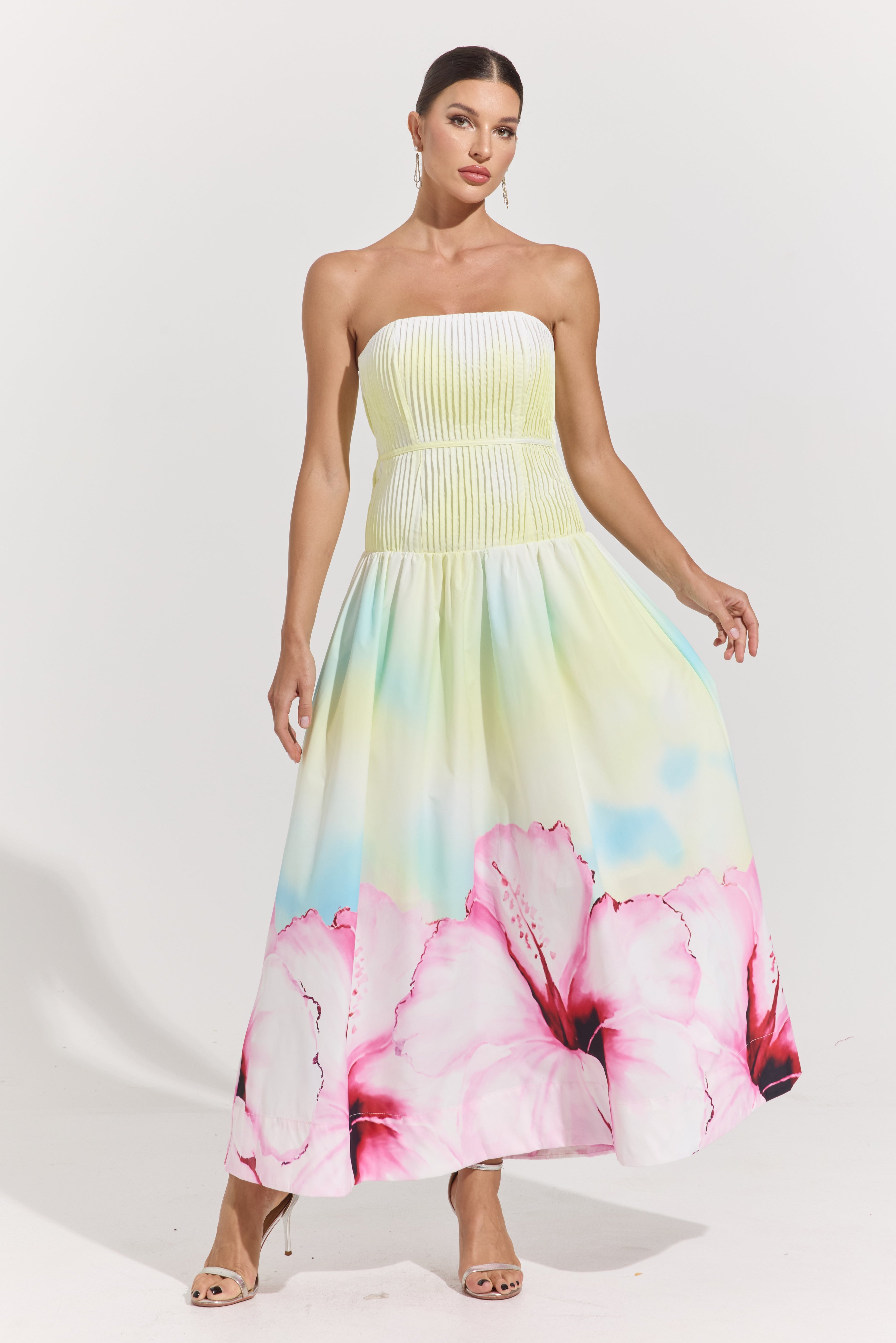 Carly Bloom Strapless Pleated Maxi Dress