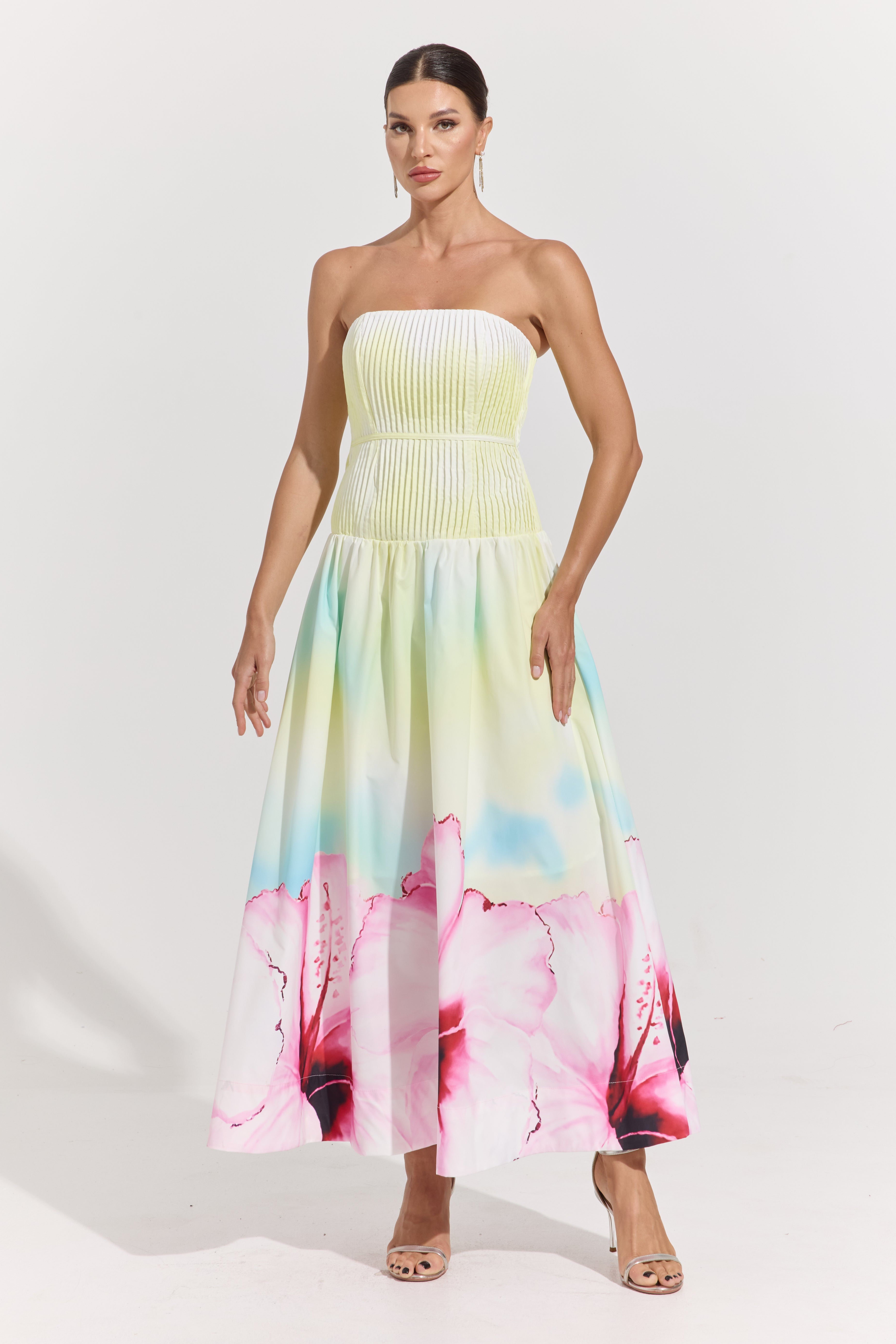 Carly Bloom Strapless Pleated Maxi Dress