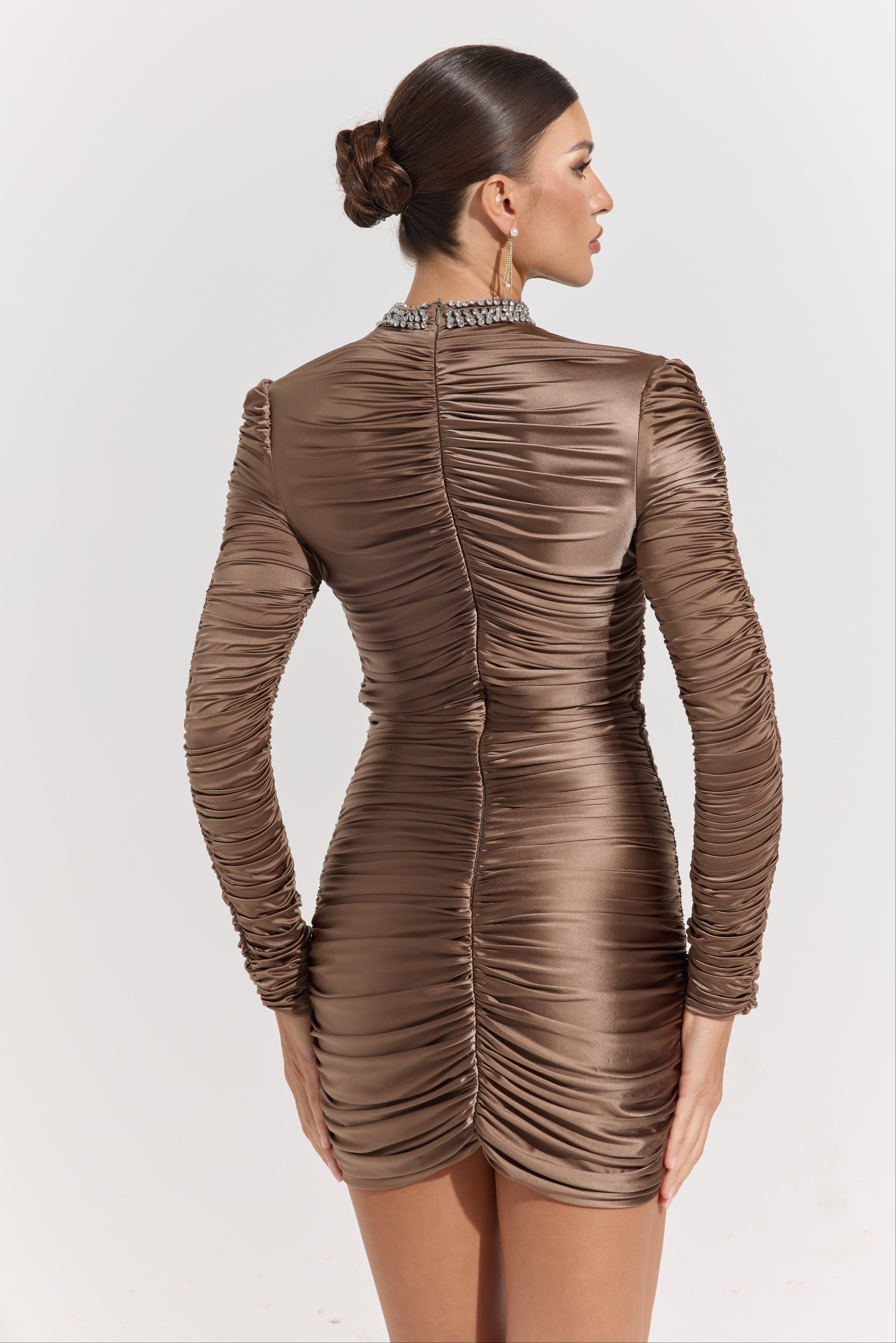 Galadriel Mocha Luxe Ruched Mini Dress