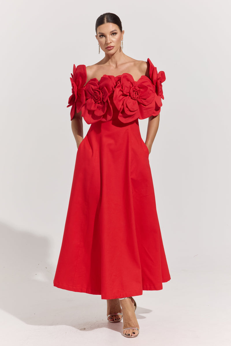 Dove Red Rosette Off-Shoulder Maxi dress