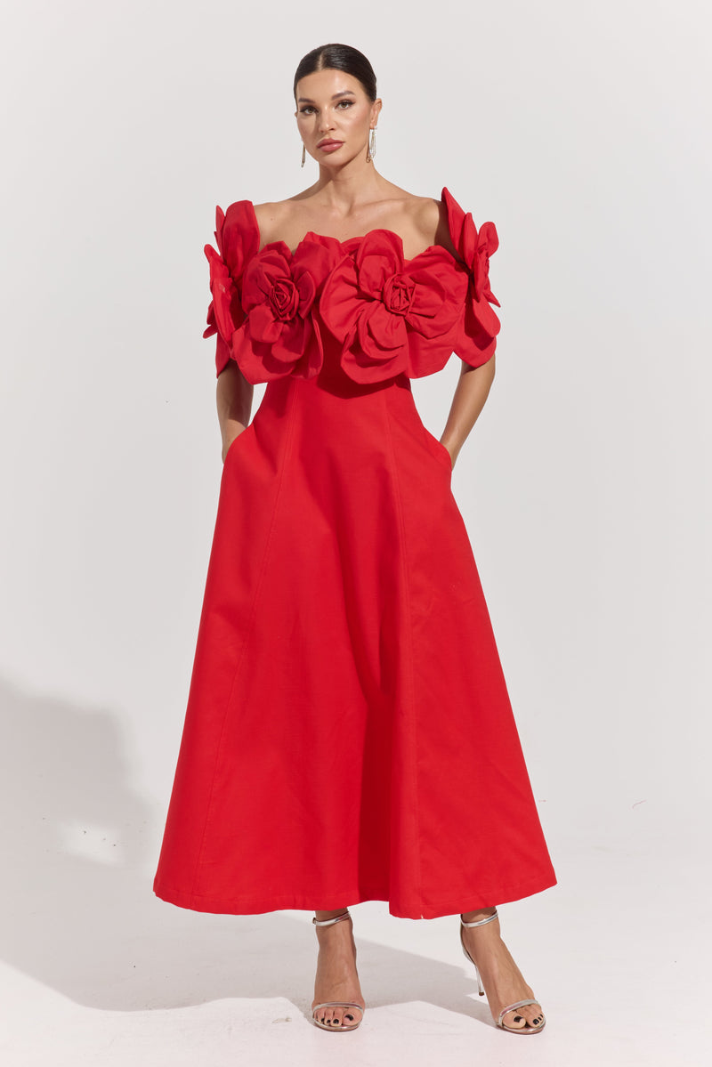 Dove Red Rosette Off-Shoulder Maxi dress