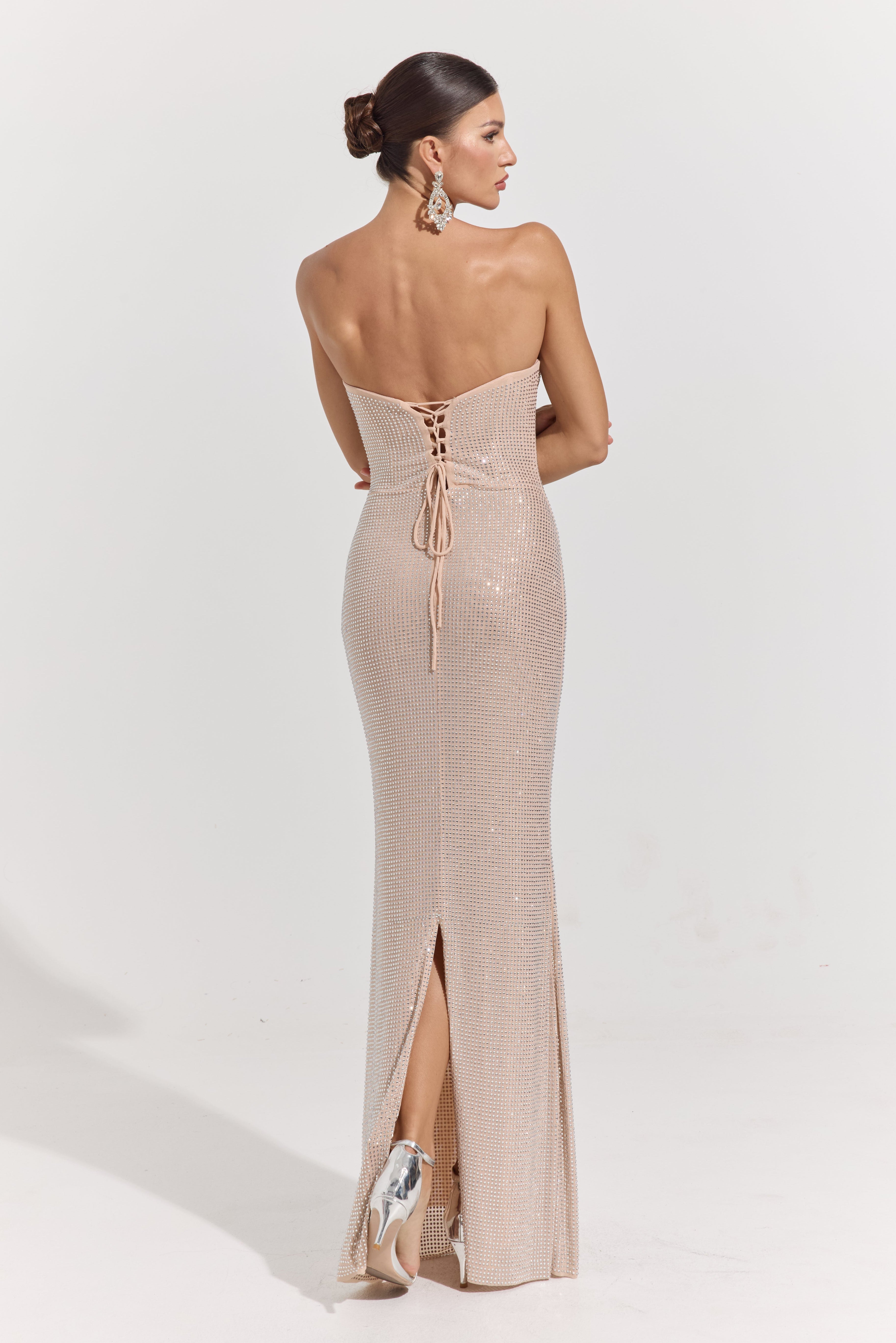 Jovielle Champagne Radiance Strapless Maxi Dress