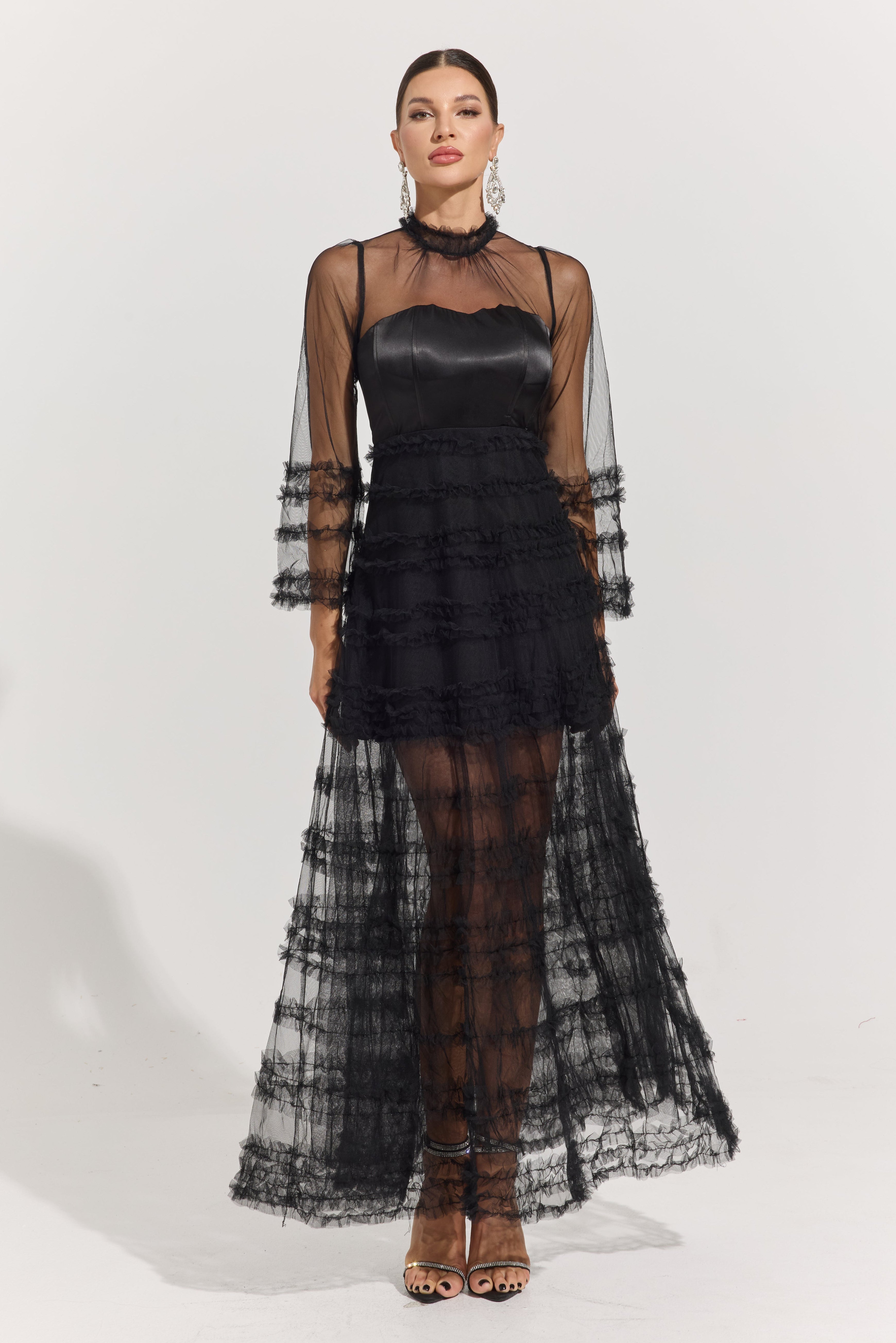 Avaline Noir Illusion Tiered Tulle Maxi Dress