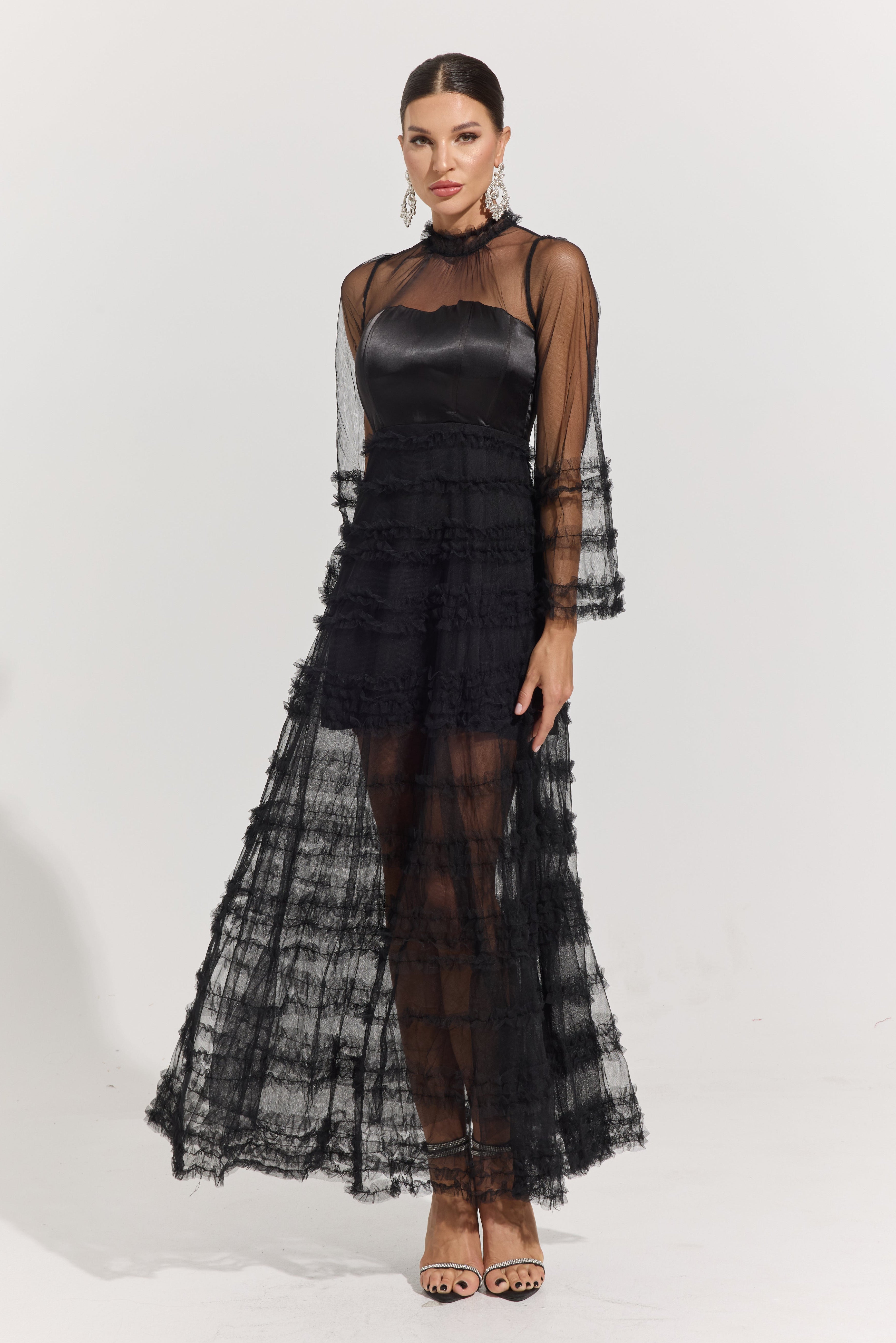 Avaline Noir Illusion Tiered Tulle Maxi Dress