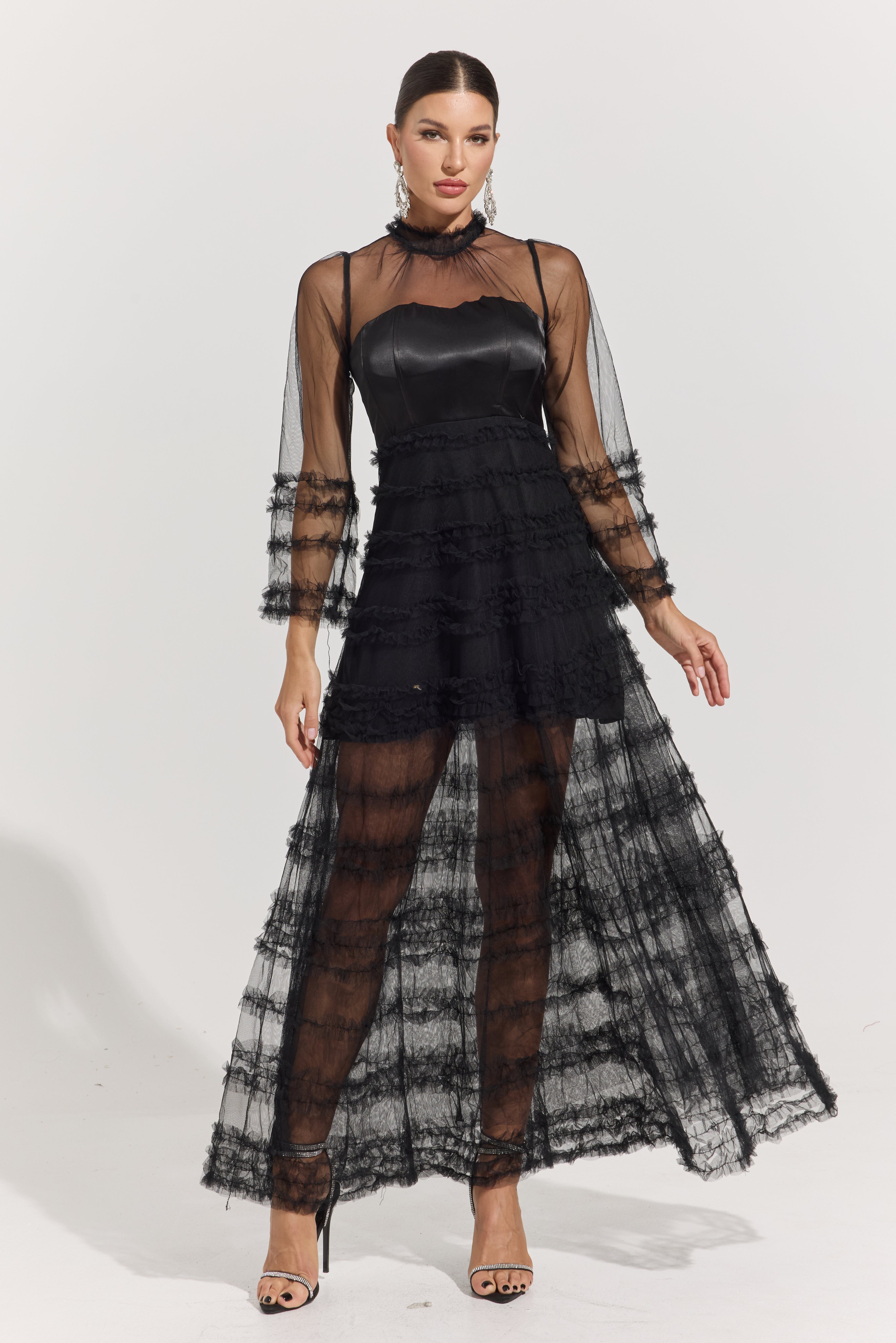 Avaline Noir Illusion Tiered Tulle Maxi Dress