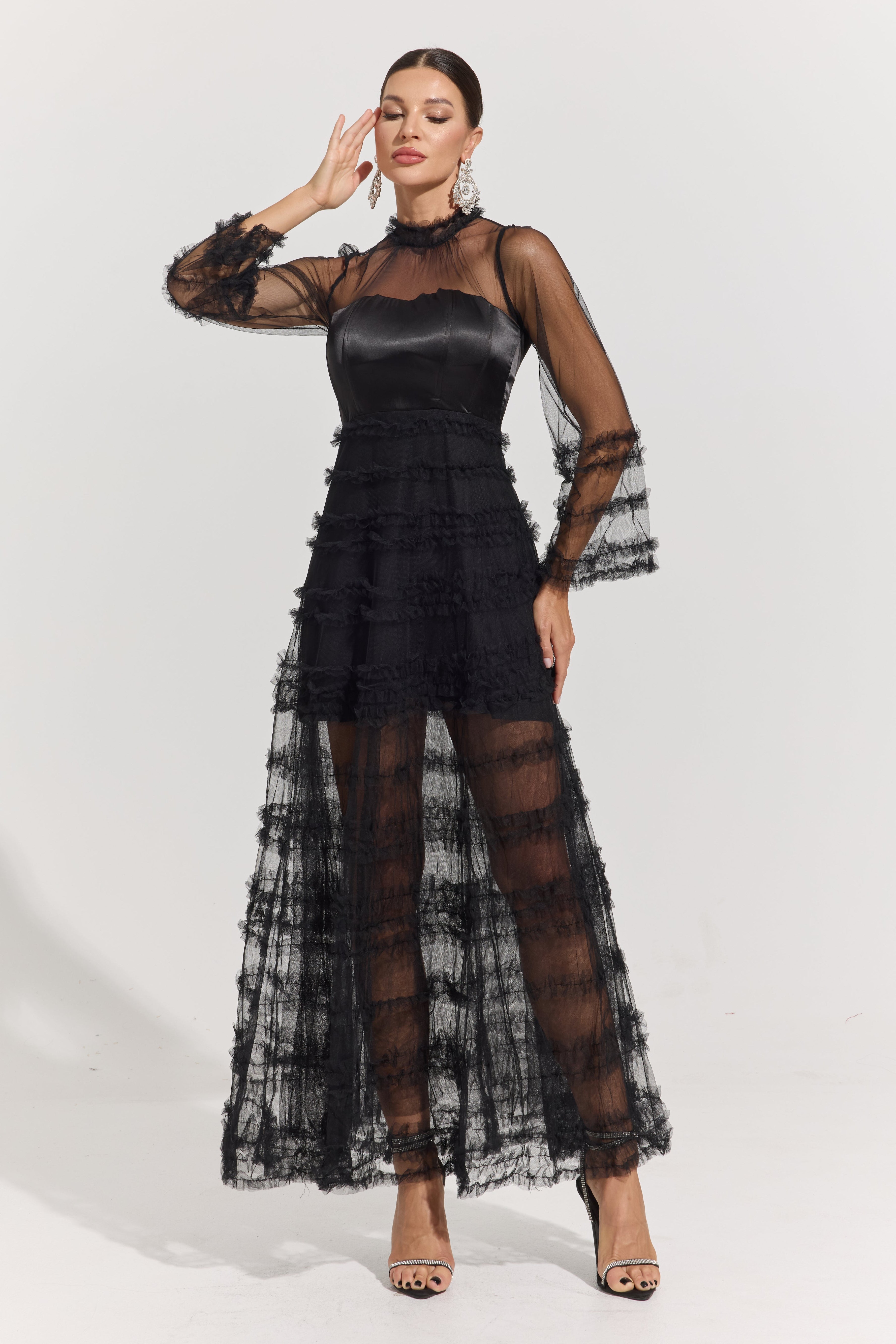 Avaline Noir Illusion Tiered Tulle Maxi Dress