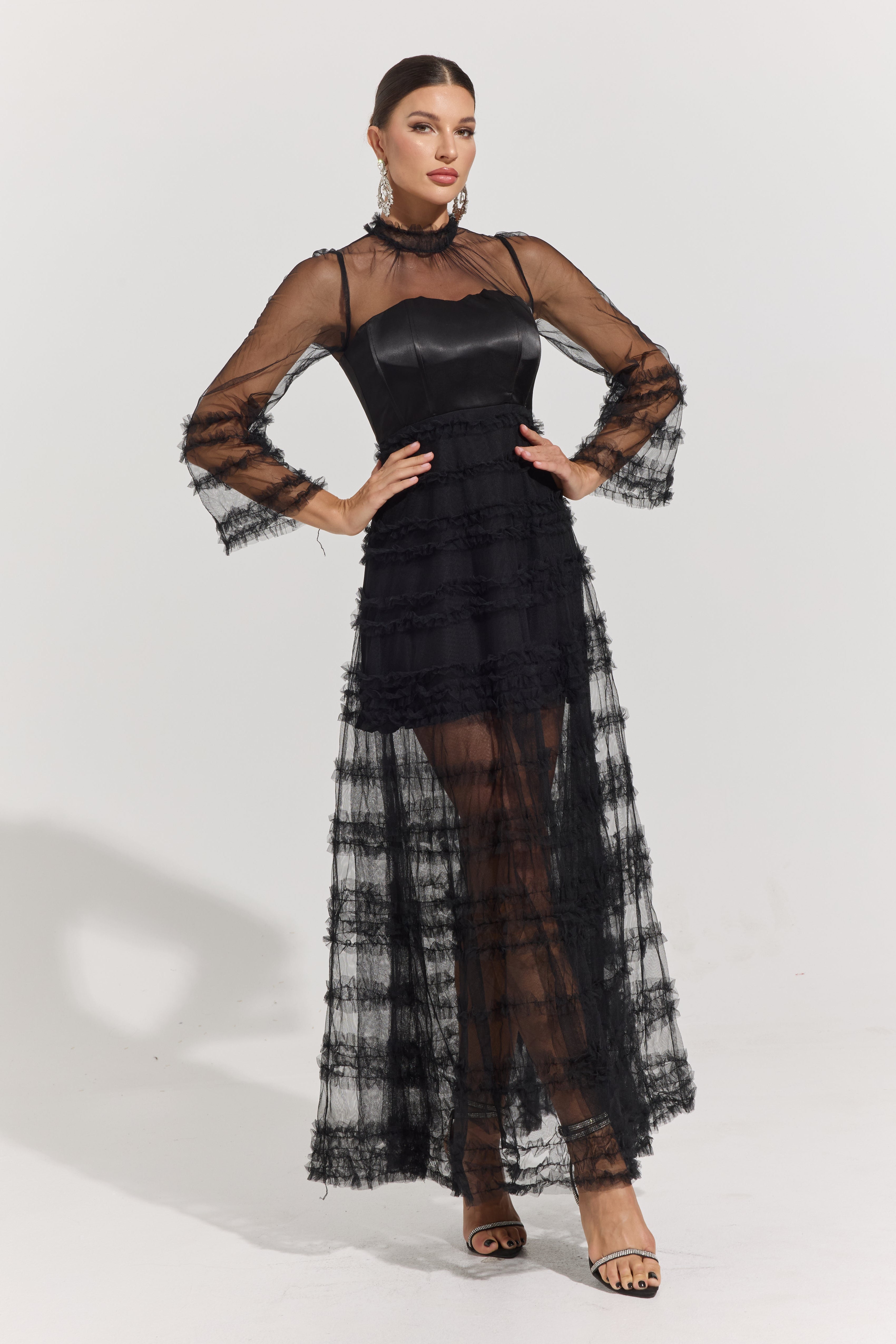 Avaline Noir Illusion Tiered Tulle Maxi Dress
