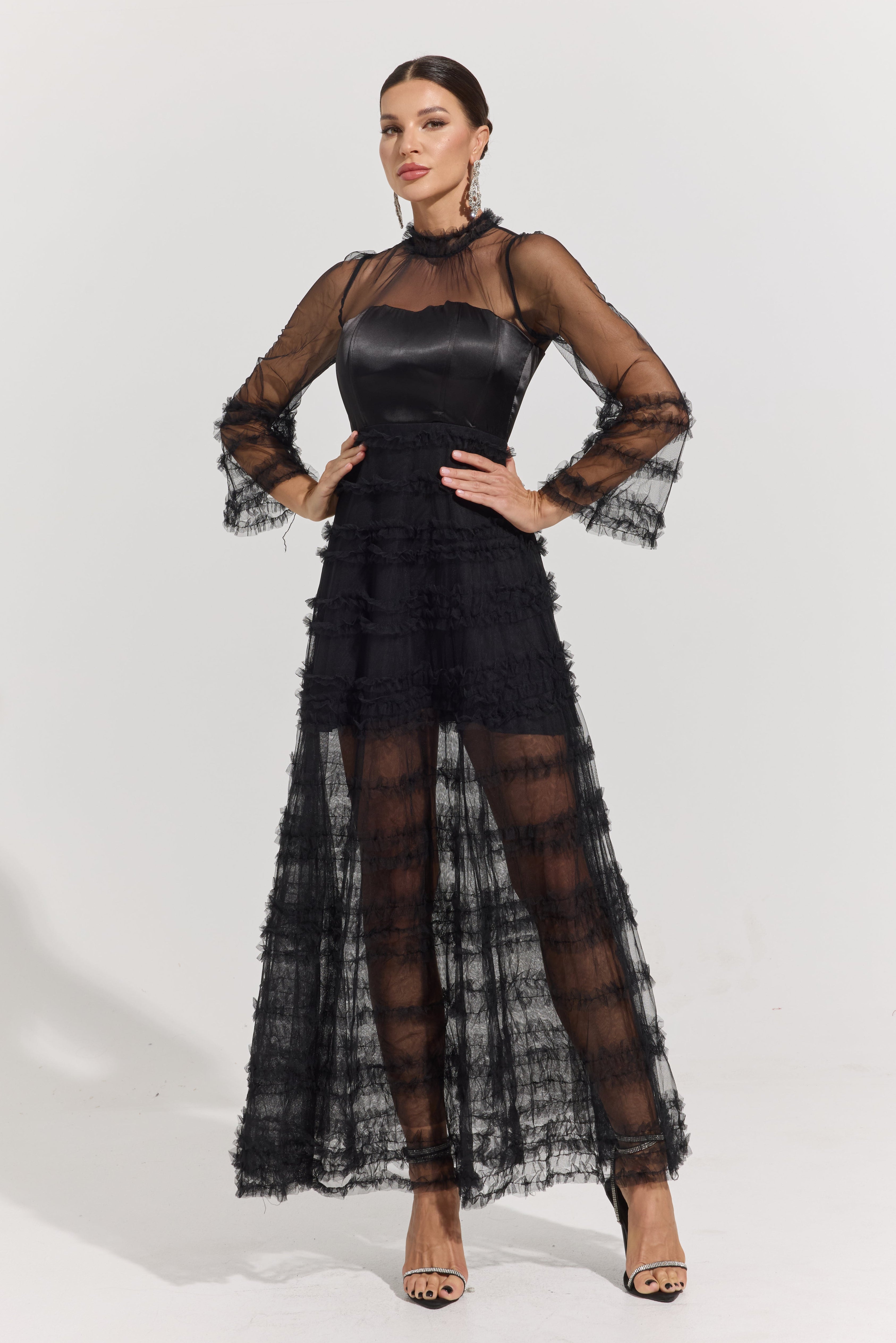 Avaline Noir Illusion Tiered Tulle Maxi Dress