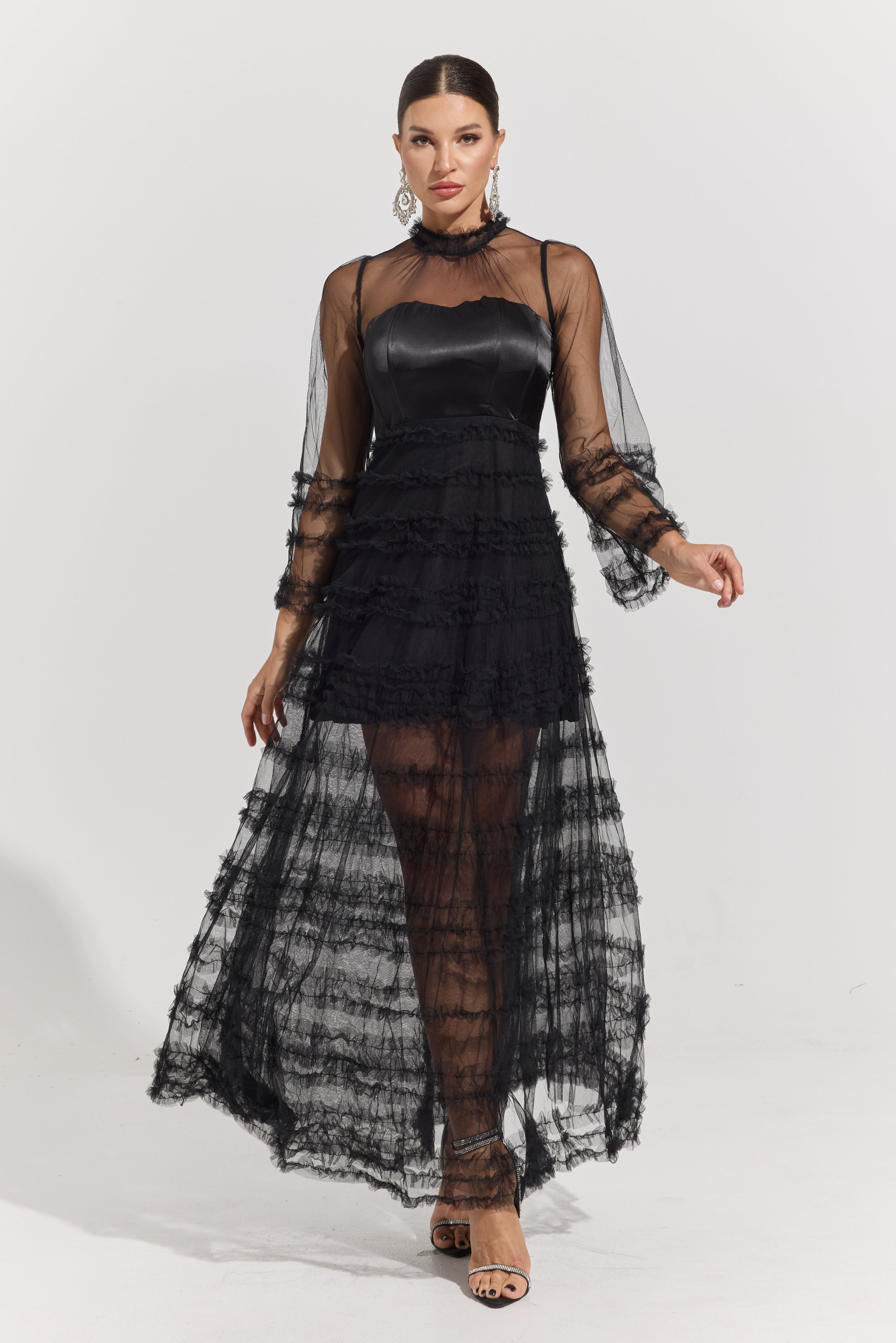 Avaline Noir Illusion Tiered Tulle Maxi Dress