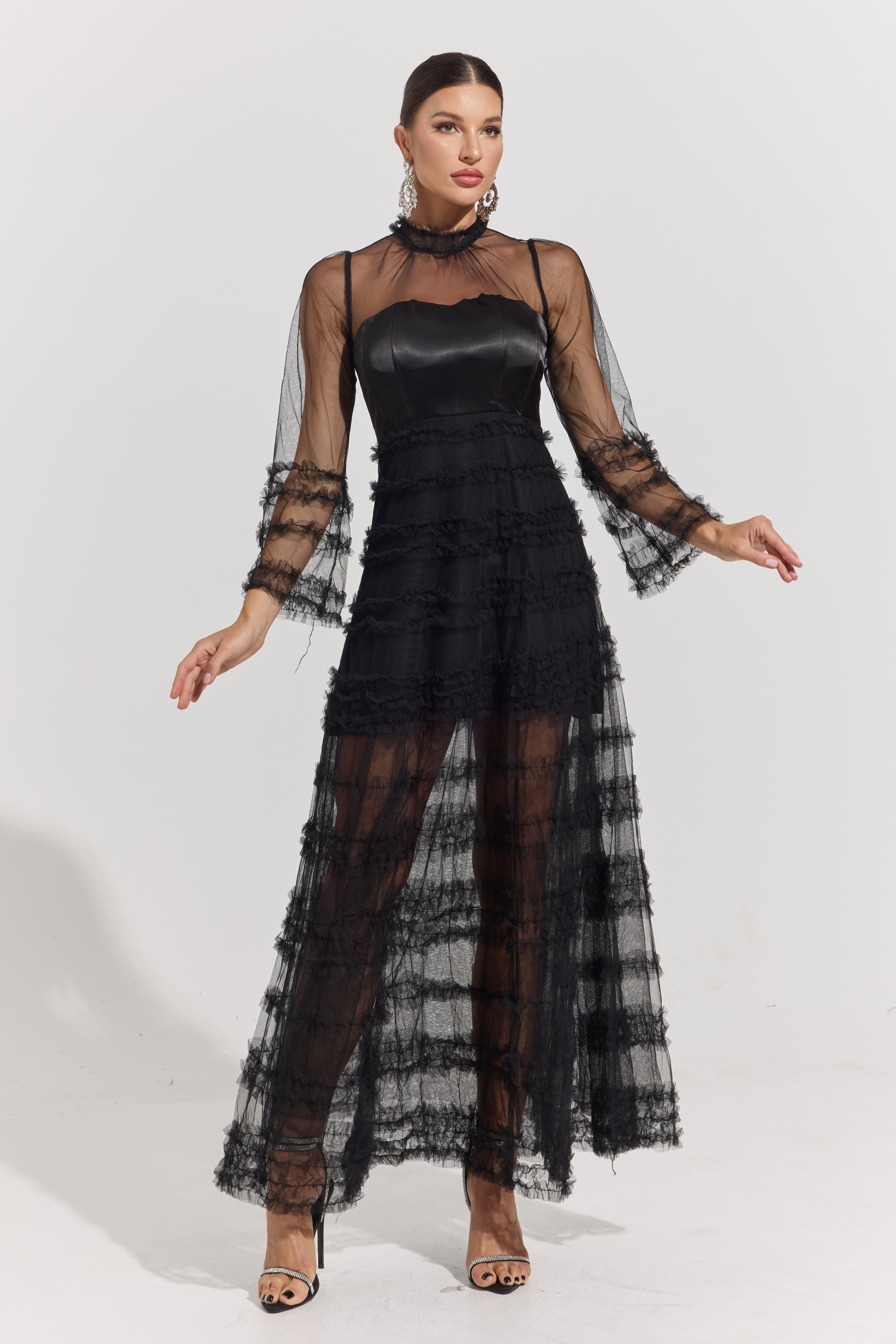 Avaline Noir Illusion Tiered Tulle Maxi Dress