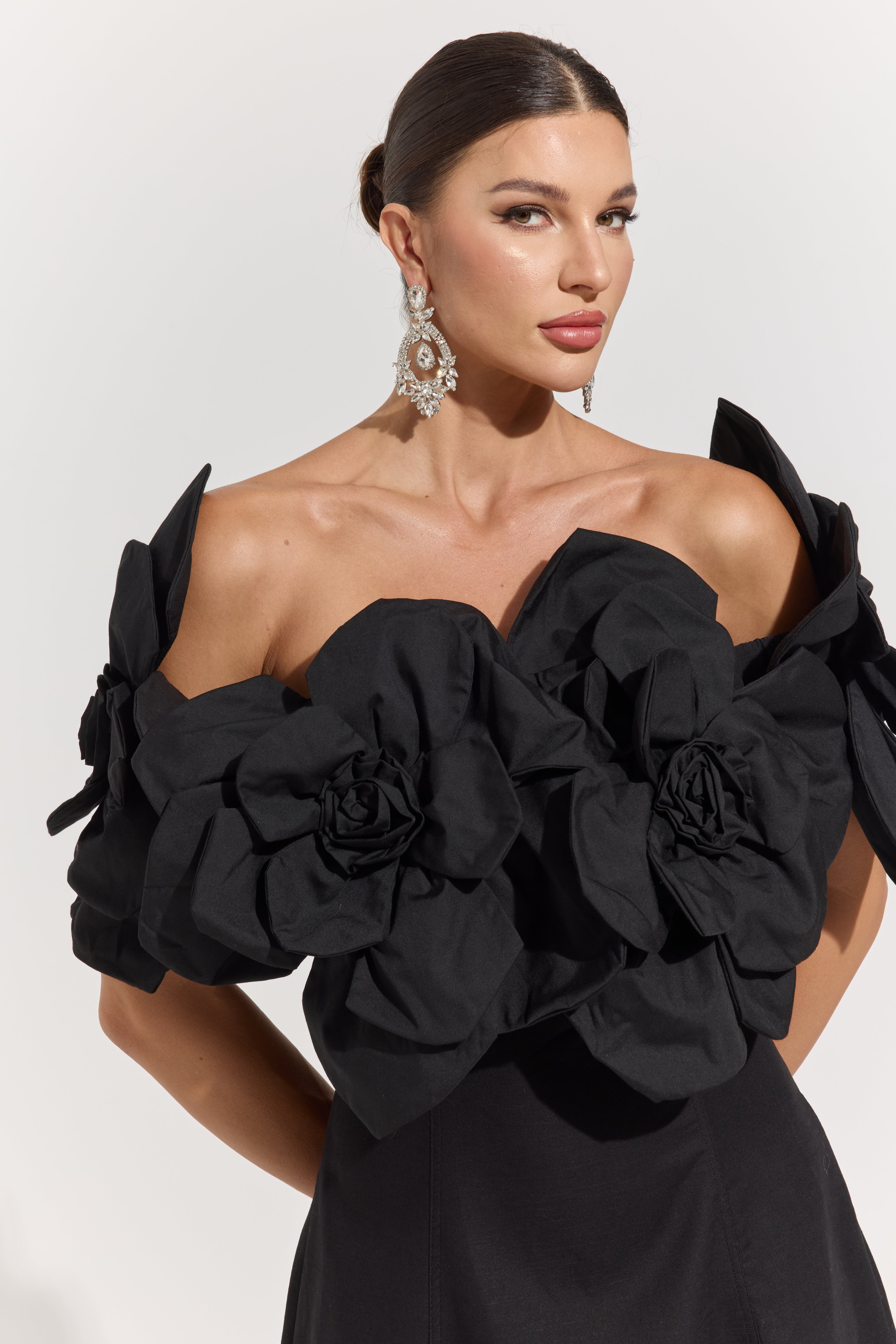 Dove Black Rosette Off-Shoulder Maxi dress